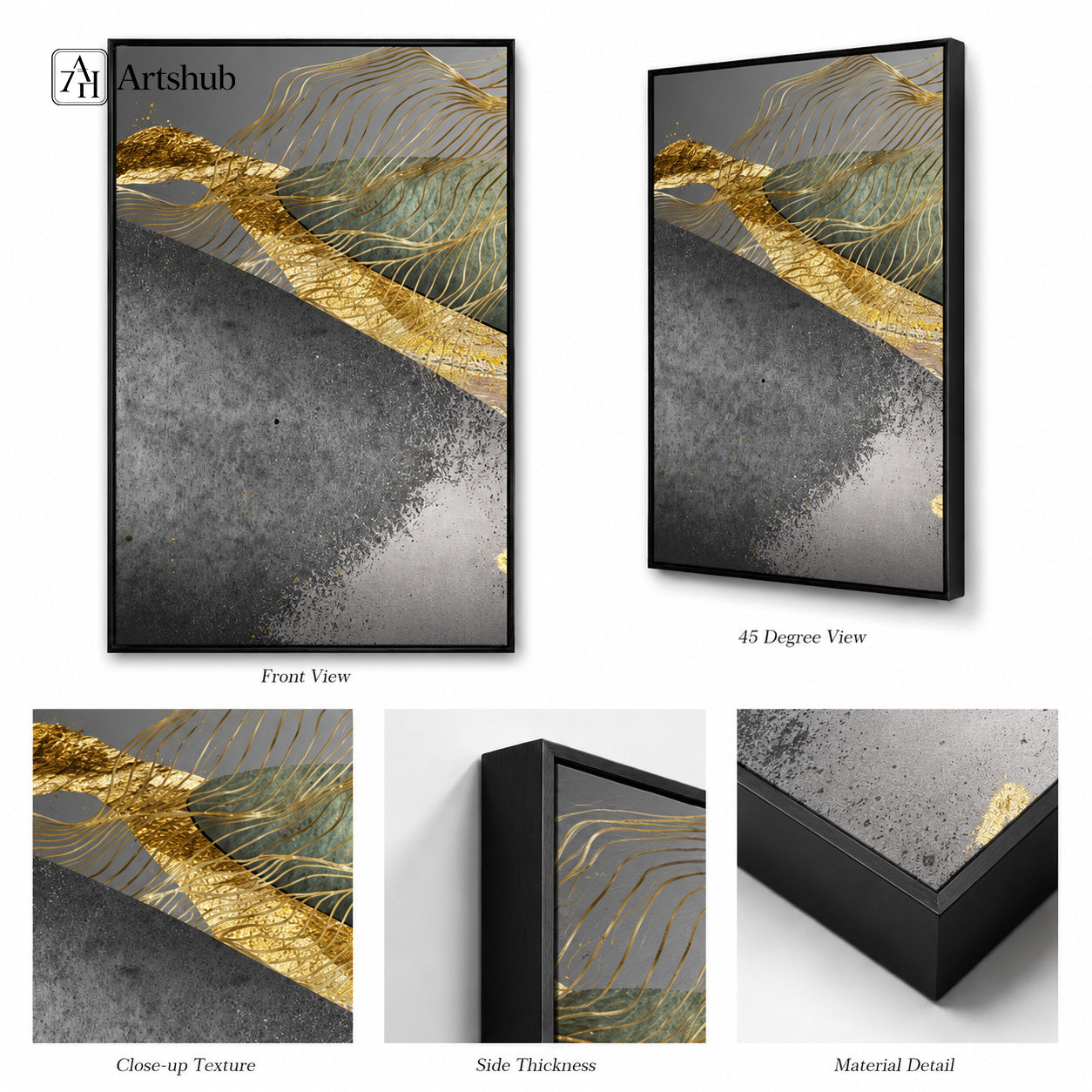Artshub Abstract Elegance Gold Grey Jade framed canvas product detail sheet — front view 45 degree close-up texture side thickness material detail gold foil grey jade matte black frame
