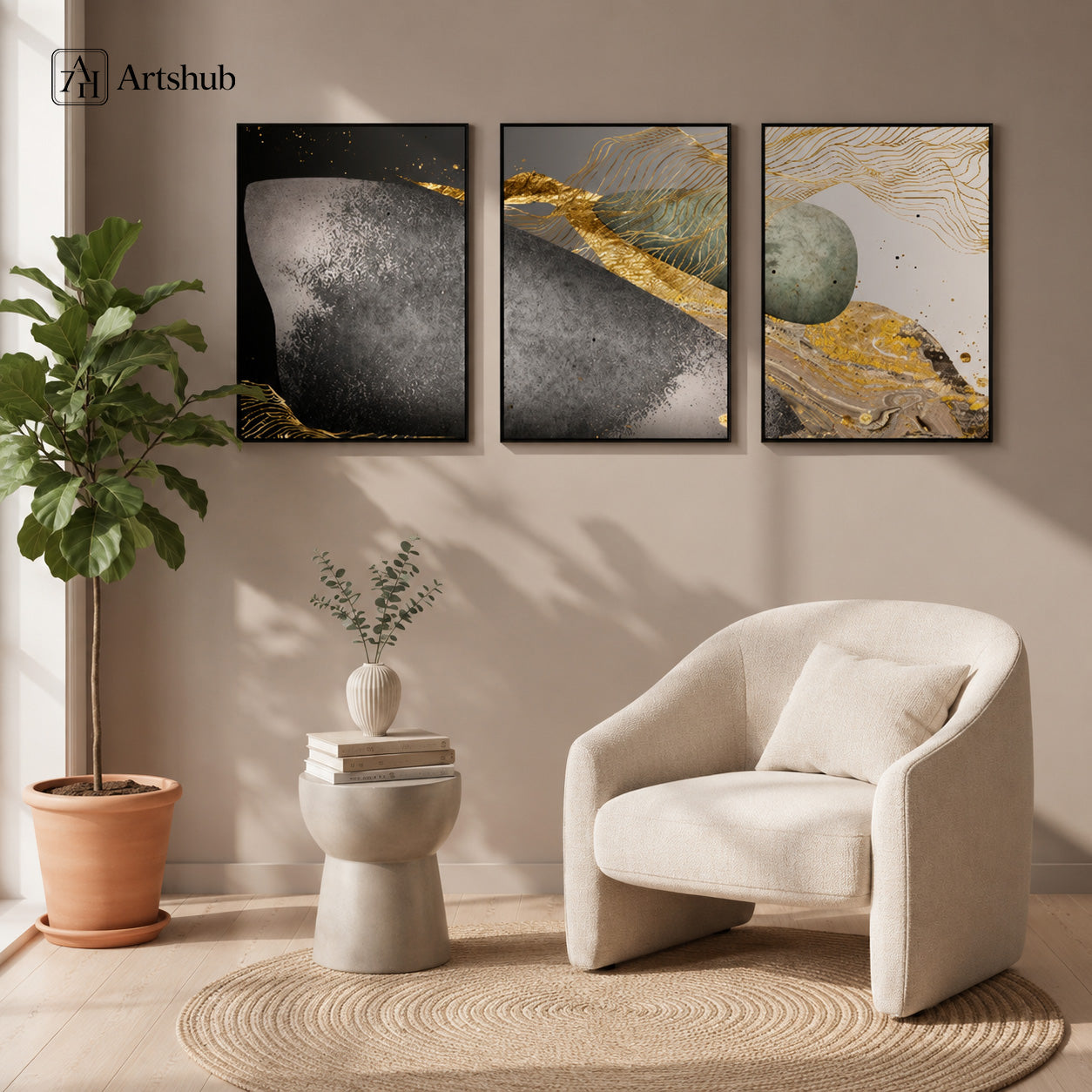 Artshub Abstract Elegance Gold Grey Jade triptych 3 panel framed canvas wall art in warm Scandinavian living room above cream armchair with fiddle leaf fig plant and jute rug — gold grey jade