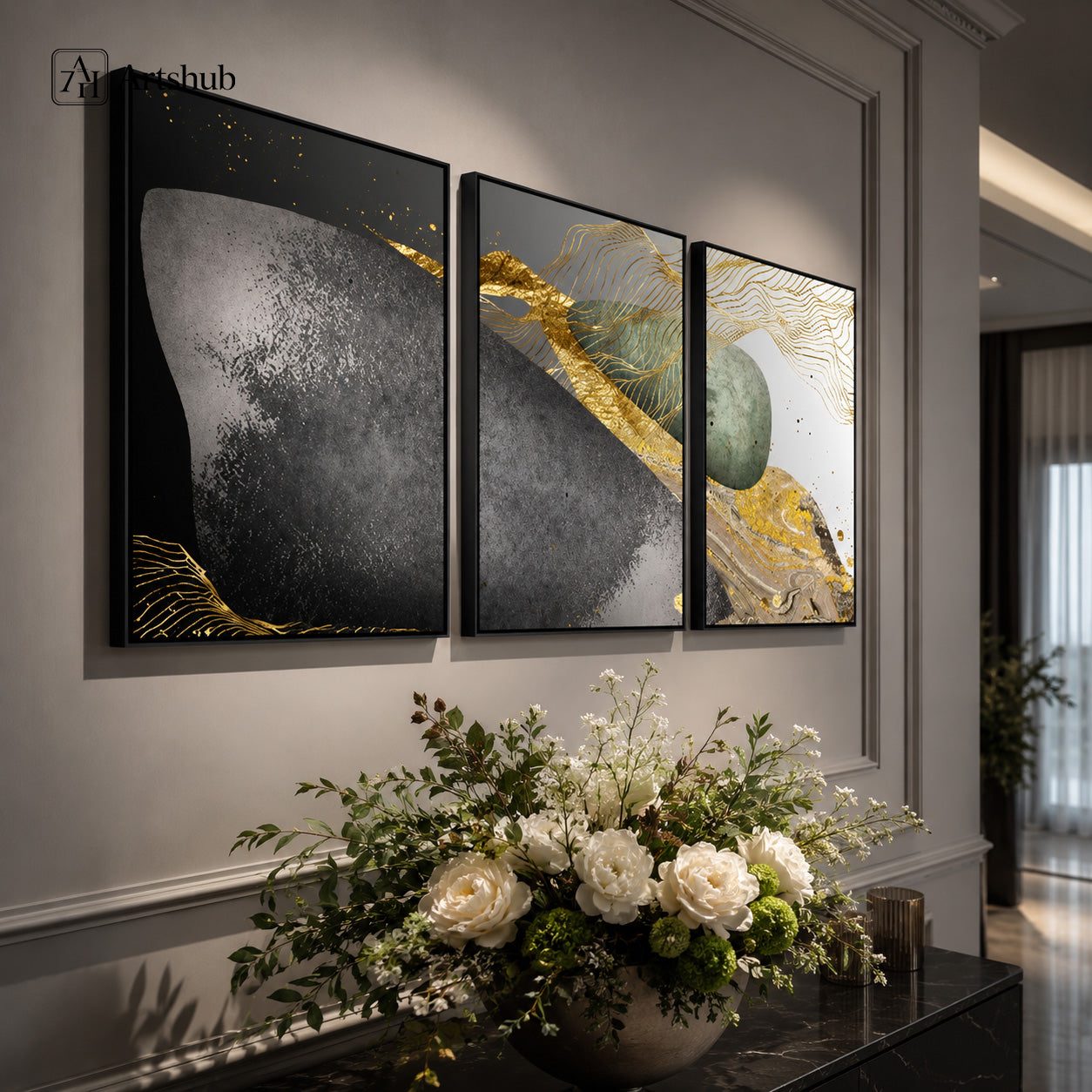 Artshub Abstract Elegance Gold Grey Jade triptych 3 panel framed canvas wall art in luxury grey entryway above marble console with white peony flower arrangement — gold charcoal jade matte black frame