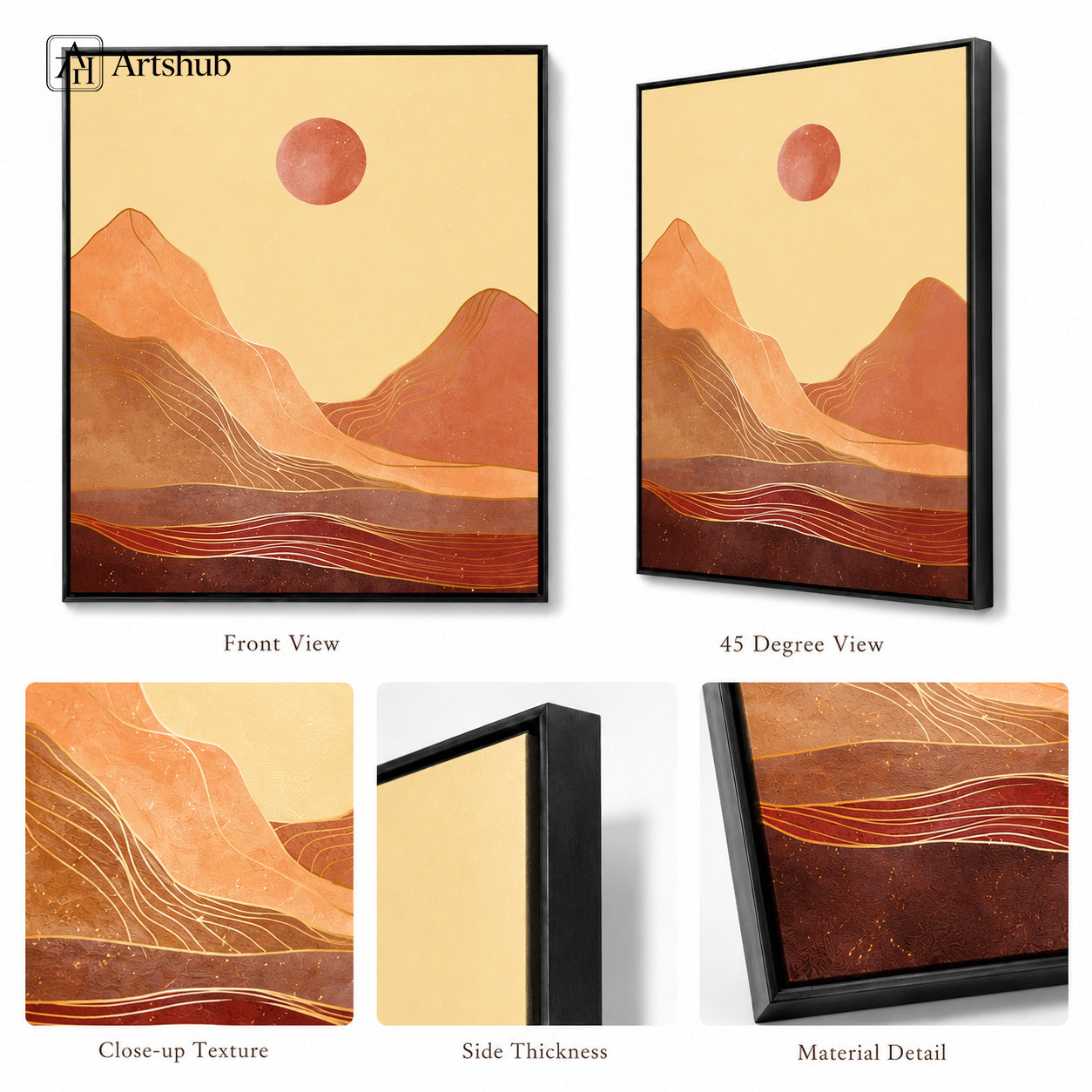 Artshub Terracotta Mountain Sunset Gold Line framed canvas product detail sheet — front view 45 degree close-up texture side thickness material detail terracotta amber red sun matte black frame