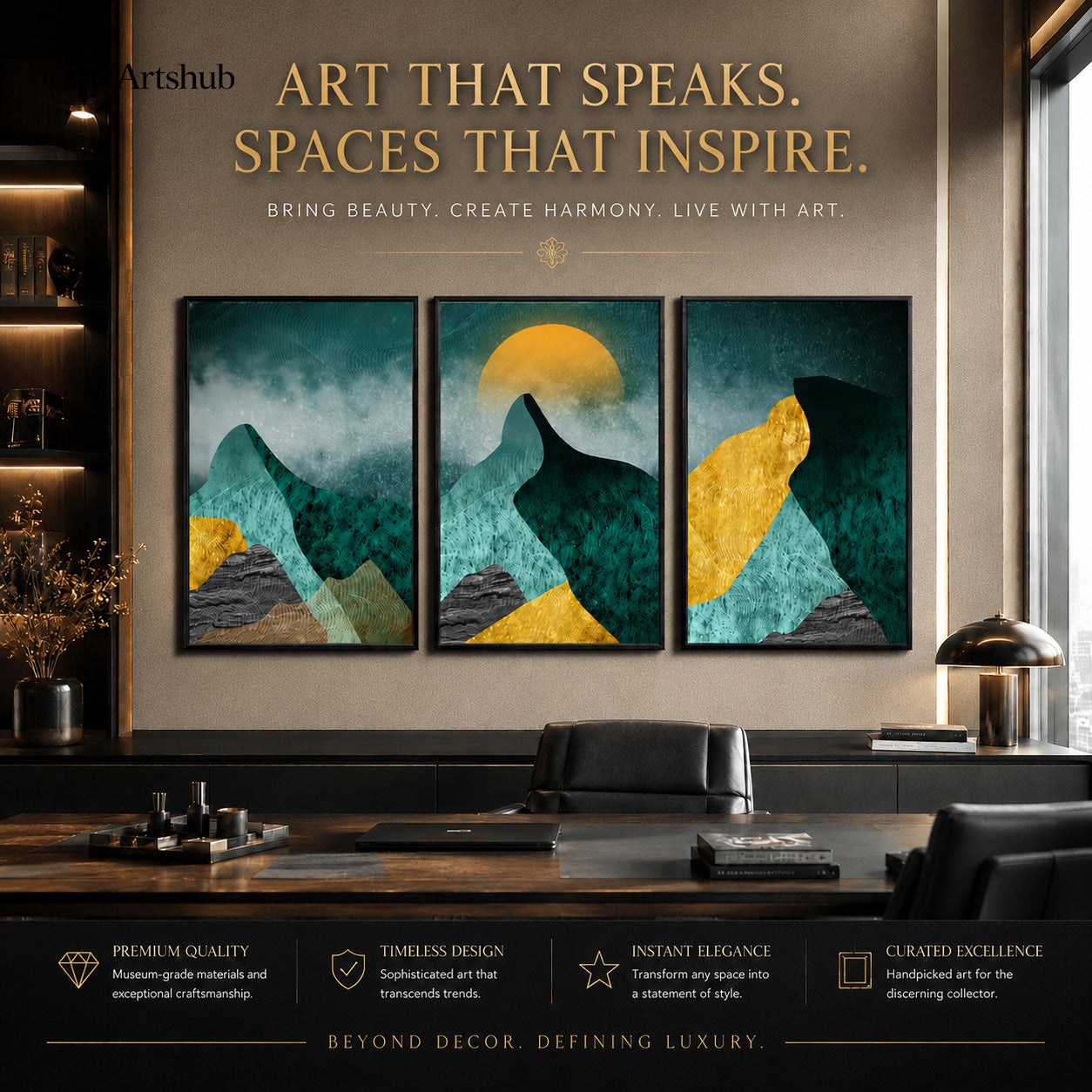Artshub Teal Amber Gold Mountain Sunrise triptych 3 panel framed canvas wall art editorial banner — Art That Speaks Spaces That Inspire luxury dark home office walnut desk leather chair city view matte black frame