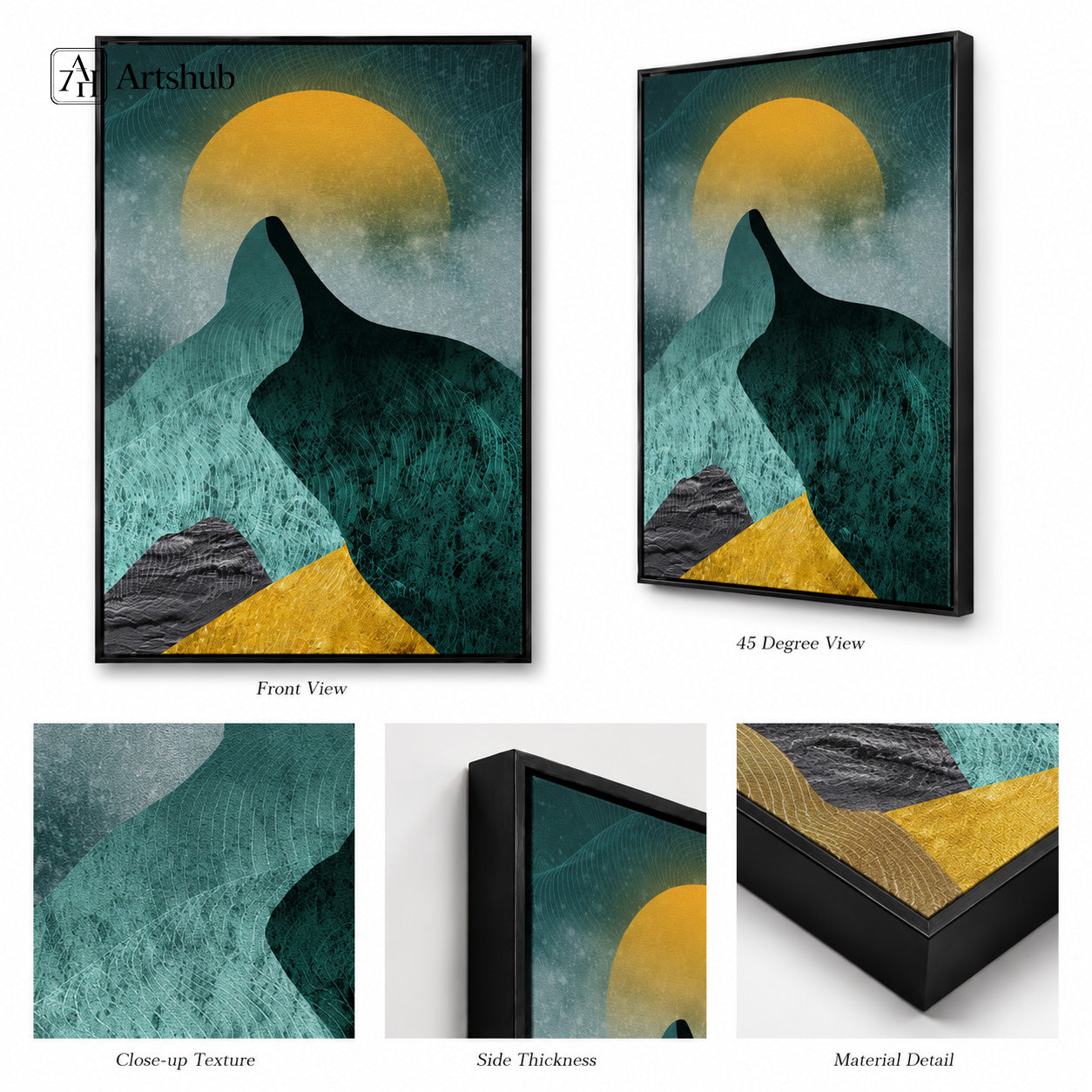 Artshub Teal Amber Gold Mountain Sunrise triptych 3 panel framed canvas wall art in modern Japandi living room above marble console with ceramic vase and decorative bowl — teal amber gold matte black frame
