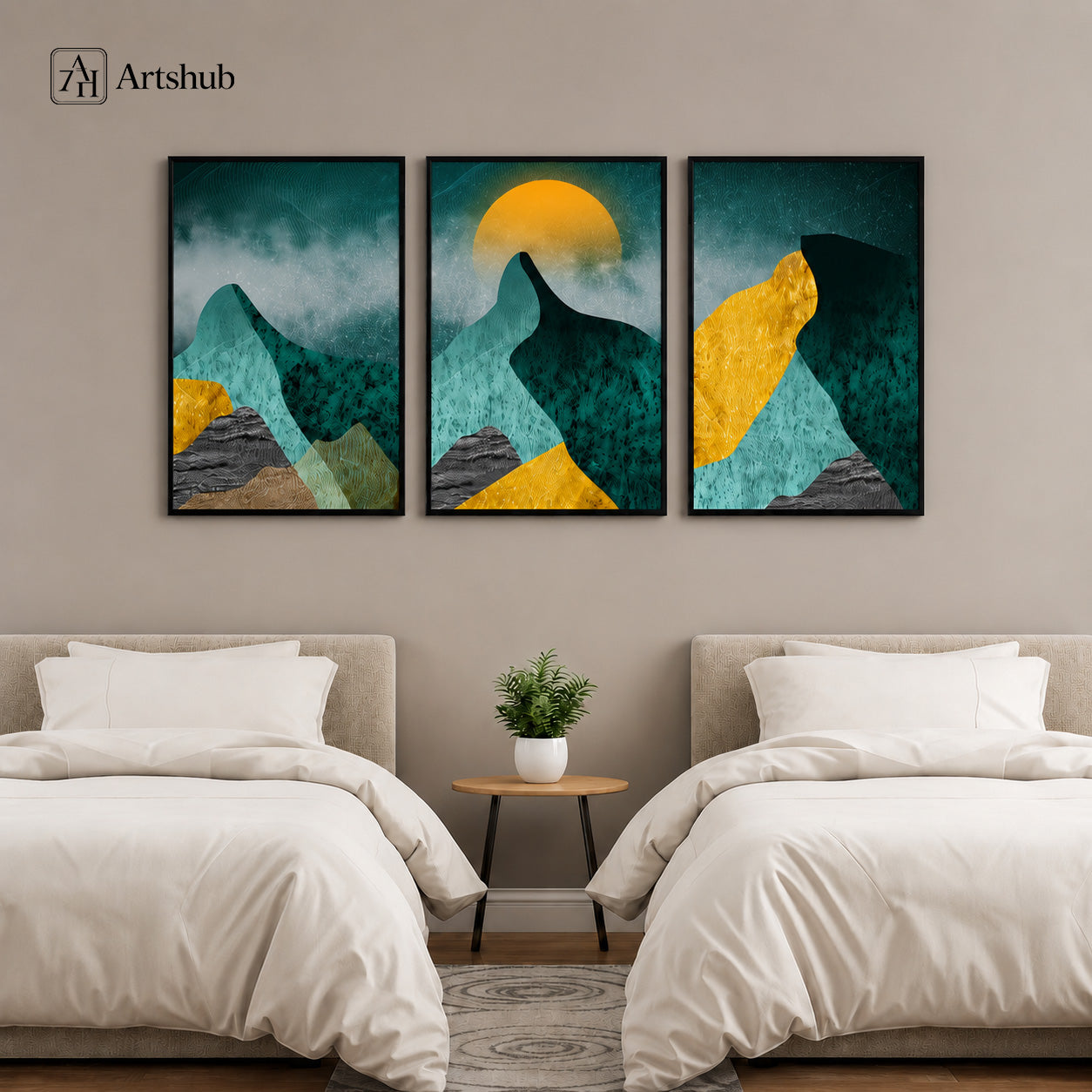 Artshub Teal Amber Gold Mountain Sunrise triptych 3 panel framed canvas wall art above twin beds in premium bedroom with white linen and round side table with plant — teal amber gold matte black frame