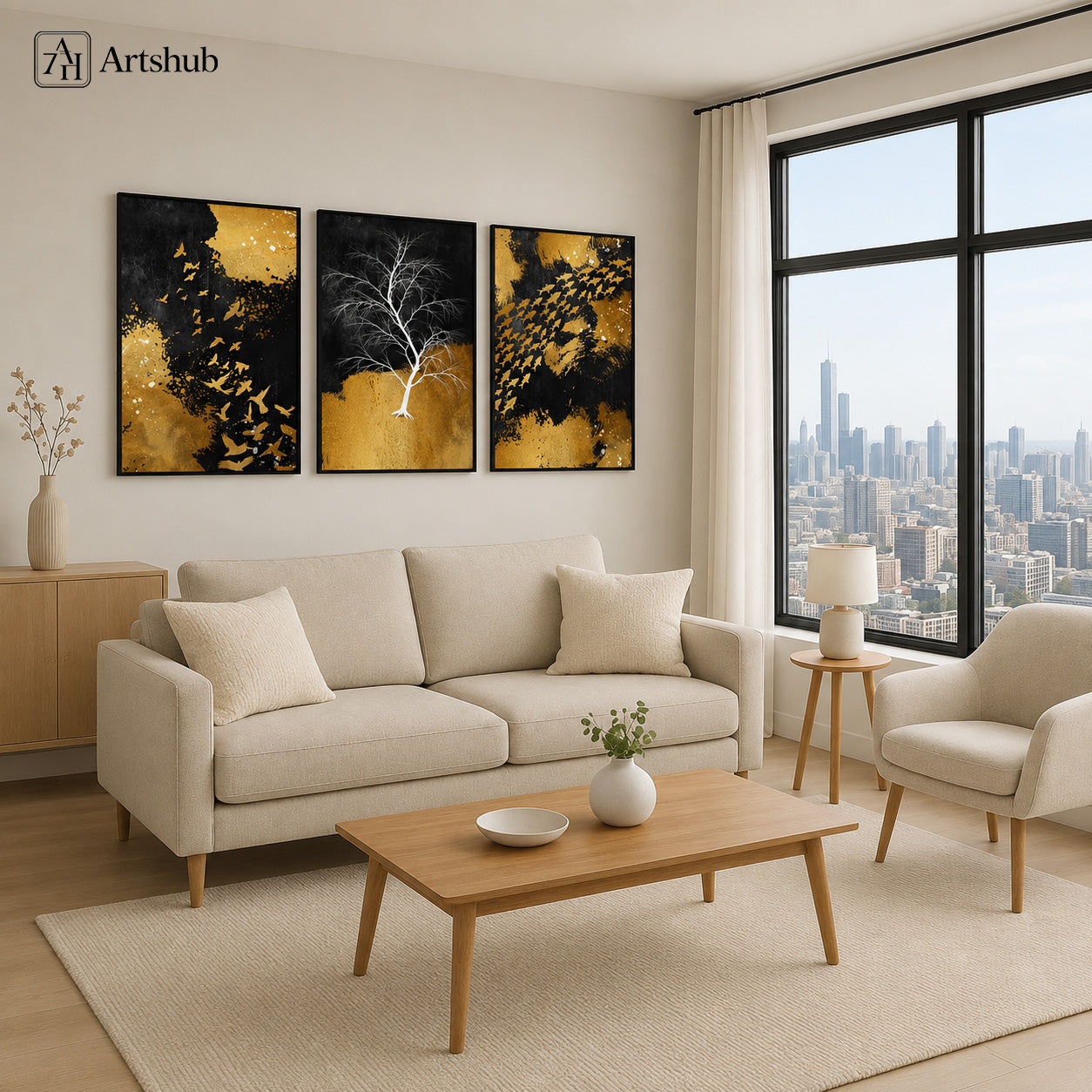 Artshub Golden Expressions Black Gold White Tree Birds triptych 3 panel framed canvas wall art in bright Scandinavian living room above cream sofa with city skyline view — black gold white