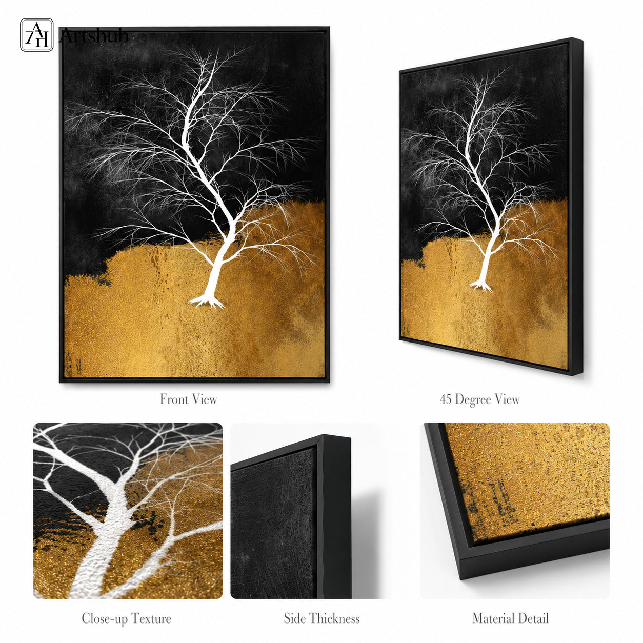 Artshub Golden Expressions Black Gold White Tree Birds framed canvas product detail sheet — front view 45 degree close-up texture side thickness material detail black gold white tree matte black frame
