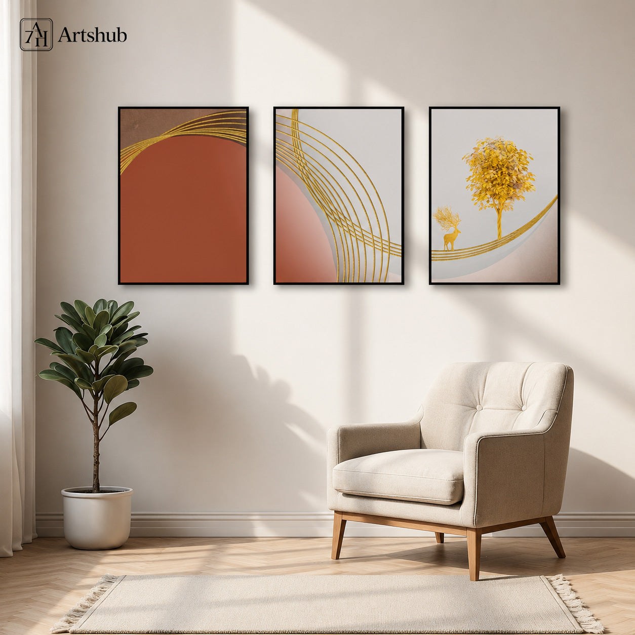 Artshub Golden Elegance Terracotta Blush Gold Arc triptych 3 panel framed canvas wall art in bright Scandinavian living room above cream armchair with fiddle leaf fig plant — terracotta blush gold