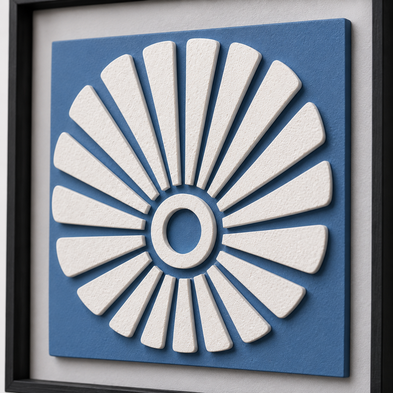 Artshub Sculpted Elegance – close-up of daisy wheel panel – raised white mosaic petals on cobalt blue textured mosaic surface with natural grout lines in sleek black frame, 45 degree angle showing 1.2 inch depth