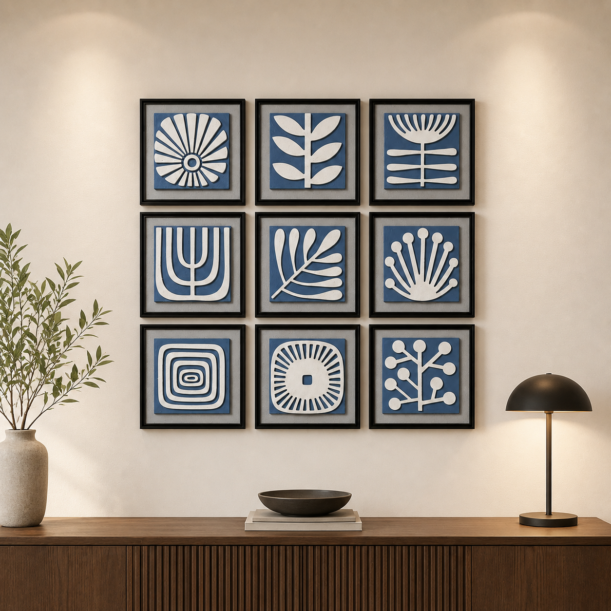Artshub Sculpted Elegance 9-panel cobalt blue 3D mosaic framed wall art set displayed in a 3x3 grid above a walnut sideboard with ceramic vase and dome table lamp – nine forms one timeless story