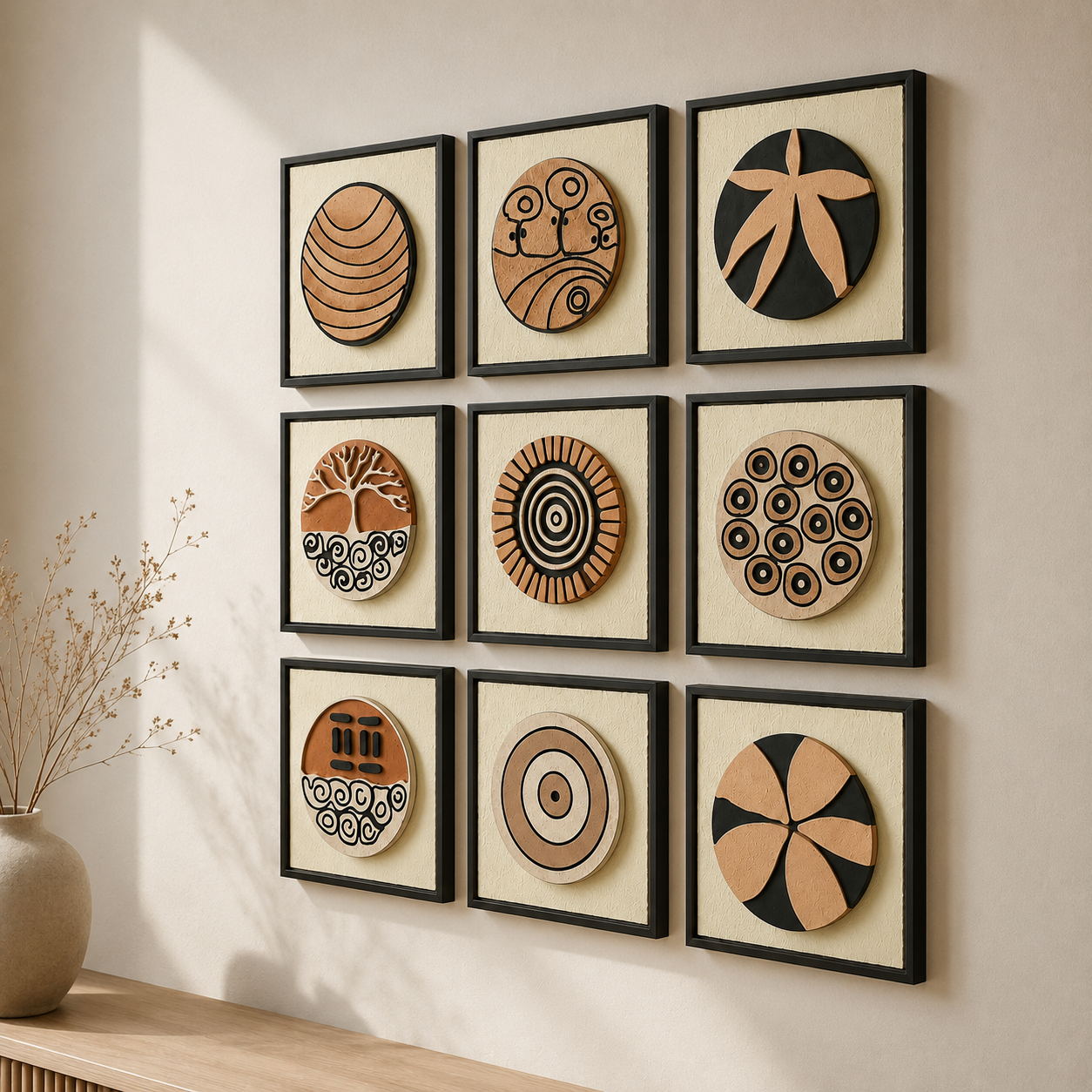 Artshub Earth Circles 9-panel handcrafted terracotta 3D circular framed wall art set displayed in a 3x3 grid on a cream wall at 45 degree angle showing 1.2 inch depth, with dried flower vase on wooden shelf – crafted by artisans inspired by nature