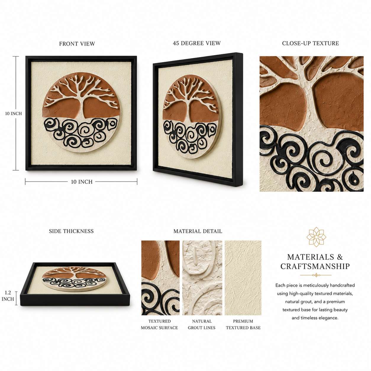 Artshub Earth Circles product detail sheet – front view 10x10 inch, 45 degree view, close-up texture showing terracotta mosaic surface, side thickness 1.2 inch, material detail showing textured mosaic surface, natural grout lines and premium textured base, materials and craftsmanship description featuring tree of life panel