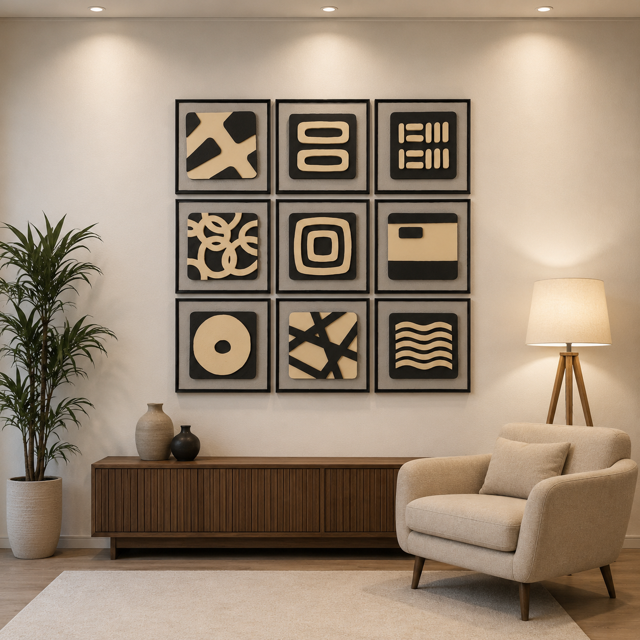 Artshub Mono Forms 9-panel handcrafted 3D geometric black and beige framed wall art set displayed in a 3x3 grid on a cream wall above a walnut sideboard with ceramic vases, cream armchair and tripod floor lamp – modern art timeless soul