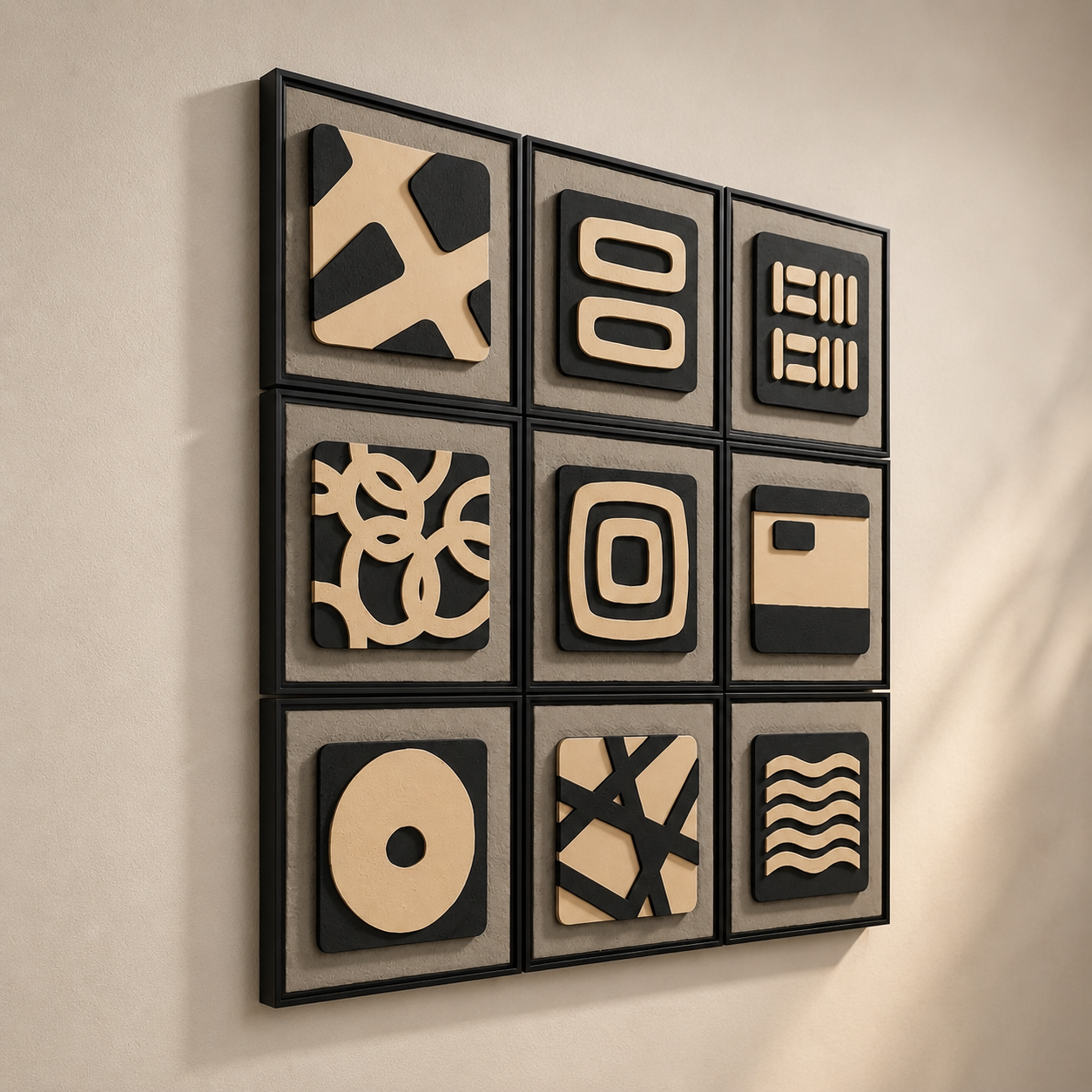 Artshub Mono Forms 9-panel handcrafted 3D geometric black and beige framed wall art set displayed in a 3x3 grid at 45 degree angle on a cream wall showing 1.2 inch depth – handcrafted excellence premium materials textured finish timeless design