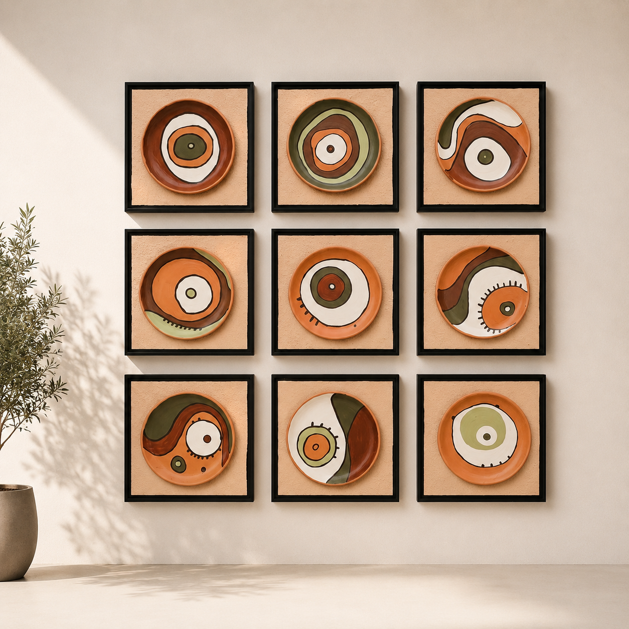 Artshub Ceramic Eye Plates 9-panel hand-painted 3D ceramic disc framed wall art set displayed in a 3x3 grid on a cream wall – close-up showing nine unique hand-painted eye and yin-yang disc motifs in terracotta, olive green, white and dark brown on premium textured backing in matte black frames