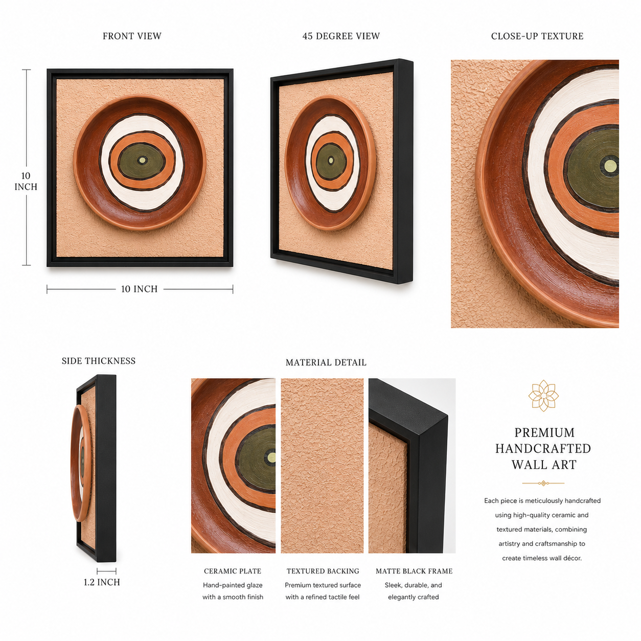 Artshub Ceramic Eye Plates – Timeless Artistic Elegance 3D Wall Art Collection lifestyle banner – 9-panel hand-painted 3D ceramic disc framed wall art set displayed on a cream wall in a bright living room with olive tree, round coffee table and two green velvet armchairs – Handcrafted Excellence, Premium Quality, Timeless Design, Perfect for Any Space