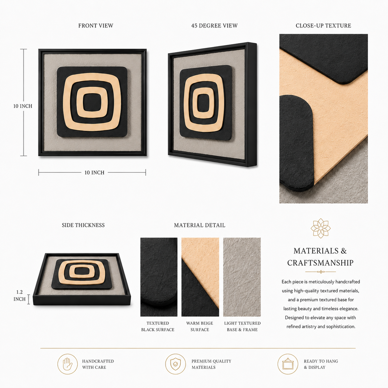 Artshub Mono Forms product detail sheet – front view 10x10 inch, 45 degree view, close-up texture showing textured black surface and warm beige surface, side thickness 1.2 inch, material detail showing textured black surface, warm beige surface and light textured base and frame, materials and craftsmanship description – handcrafted with care, premium quality materials, ready to hang and display