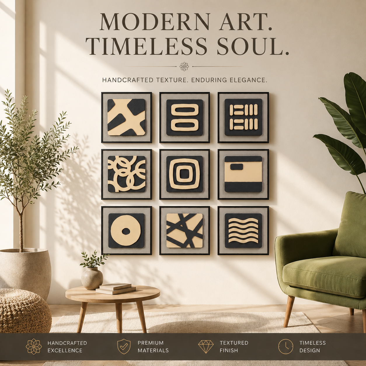 Artshub Mono Forms – Modern Art Timeless Soul lifestyle banner – 9-panel handcrafted 3D geometric black and beige framed wall art set displayed on a cream wall in a bright living room with olive tree, round coffee table and green velvet armchair – Handcrafted Excellence, Premium Materials, Textured Finish, Timeless Design