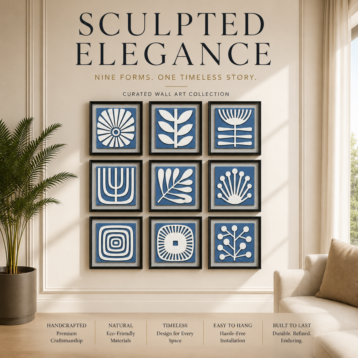 Artshub Sculpted Elegance 9-panel cobalt blue 3D mosaic framed wall art set displayed in a 3x3 grid on a cream panelled wall in a bright luxury living room with palm plant and cream armchair – sculpted elegance nine forms one timeless story, handcrafted natural timeless easy to hang built to last