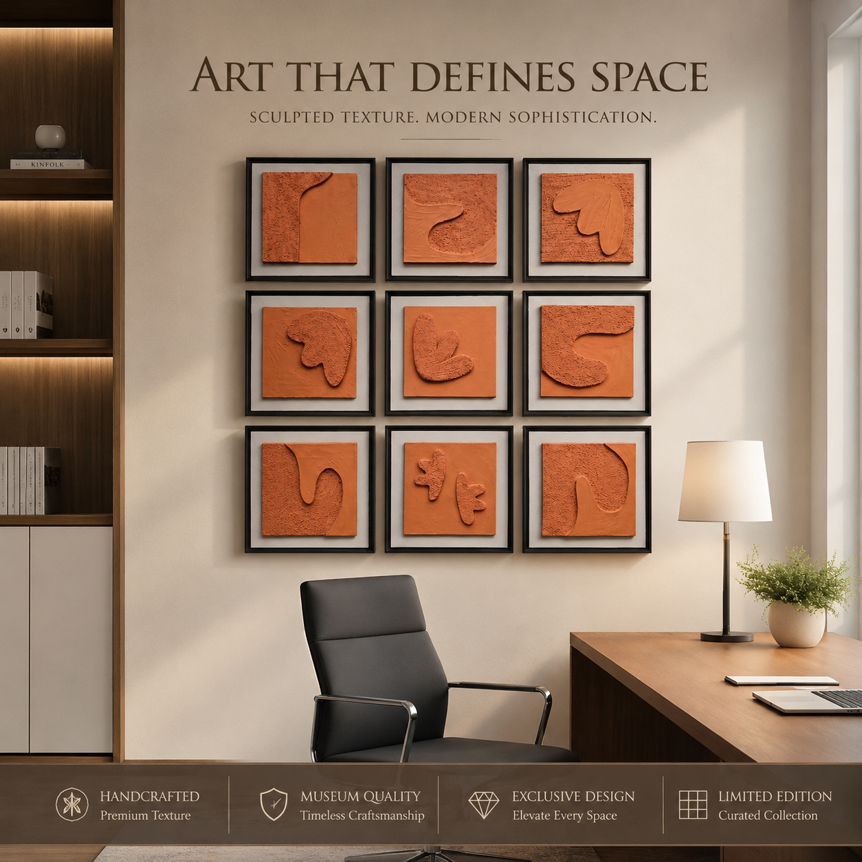 Artshub Terra Sculpt 9-panel handcrafted sculptural terracotta 3D relief framed wall art set displayed in a 3x3 grid at 45 degree angle on a white wall showing 1.2 inch depth – nine unique raised abstract organic forms in rich terracotta on deeply textured terracotta ground, white mat, matte black frame