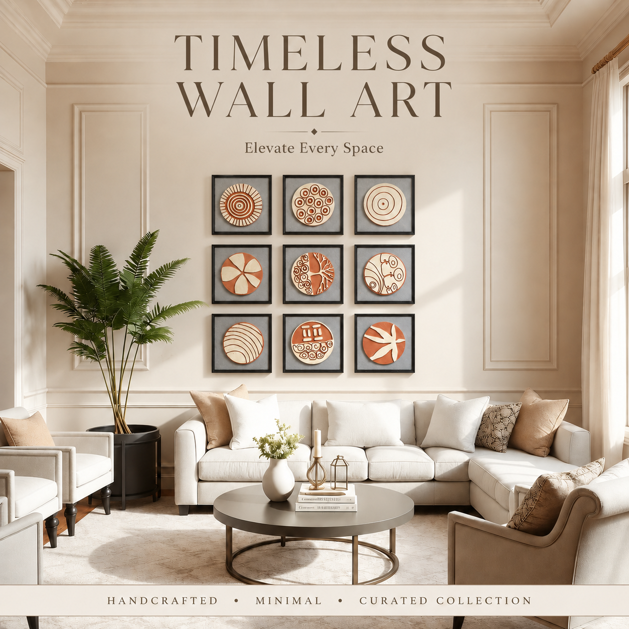 Artshub Terra Circles 9-panel handcrafted 3D framed wall art set – nine circular terracotta and ivory sculptural motifs on slate grey base in premium black frames, product shot on white wall with natural light