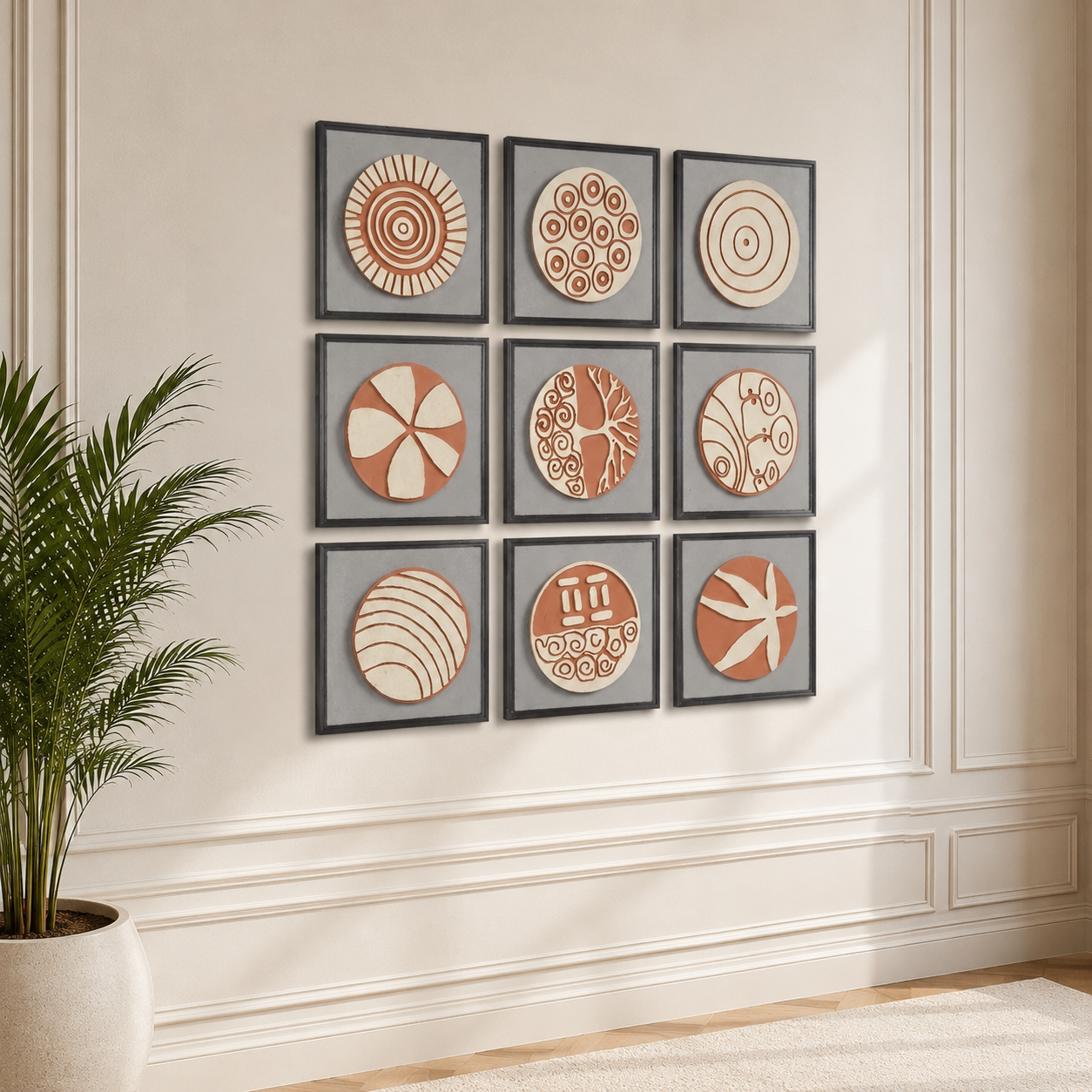 Artshub Terra Circles 9-panel handcrafted terracotta 3D framed wall art set displayed above a cream sectional sofa in a bright luxury living room – Timeless Wall Art Elevate Every Space, handcrafted minimal curated collection