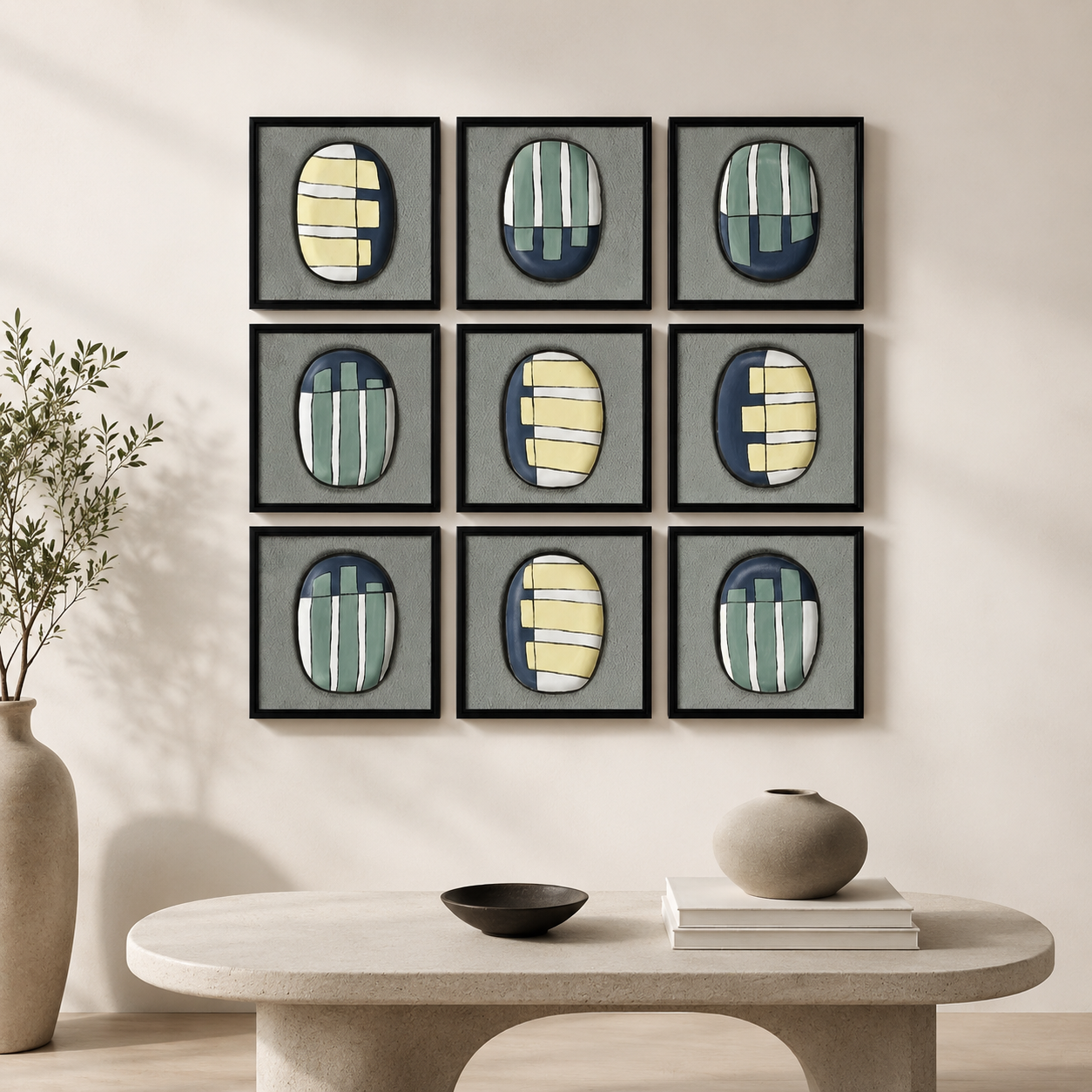 Artshub Artful Balance product detail sheet – front view 10x10 inch, 45 degree view, close-up texture showing handcrafted ceramic oval with refined matte finish and premium grout lines in sage green, butter yellow, navy blue and white, side thickness 1.2 inch, material detail showing textured artwork, premium grout lines and textured background – high-quality materials, expert craftsmanship, lasting beauty and timeless elegance