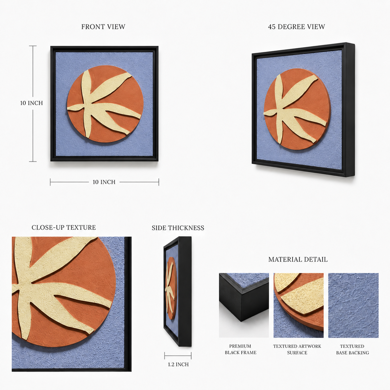 Artshub Terra Disc 9-panel handcrafted 3D ceramic disc framed wall art set displayed in a 3x3 grid on a cream wall in natural light – nine unique disc motifs in terracotta and cream on periwinkle blue textured backing in premium black frames