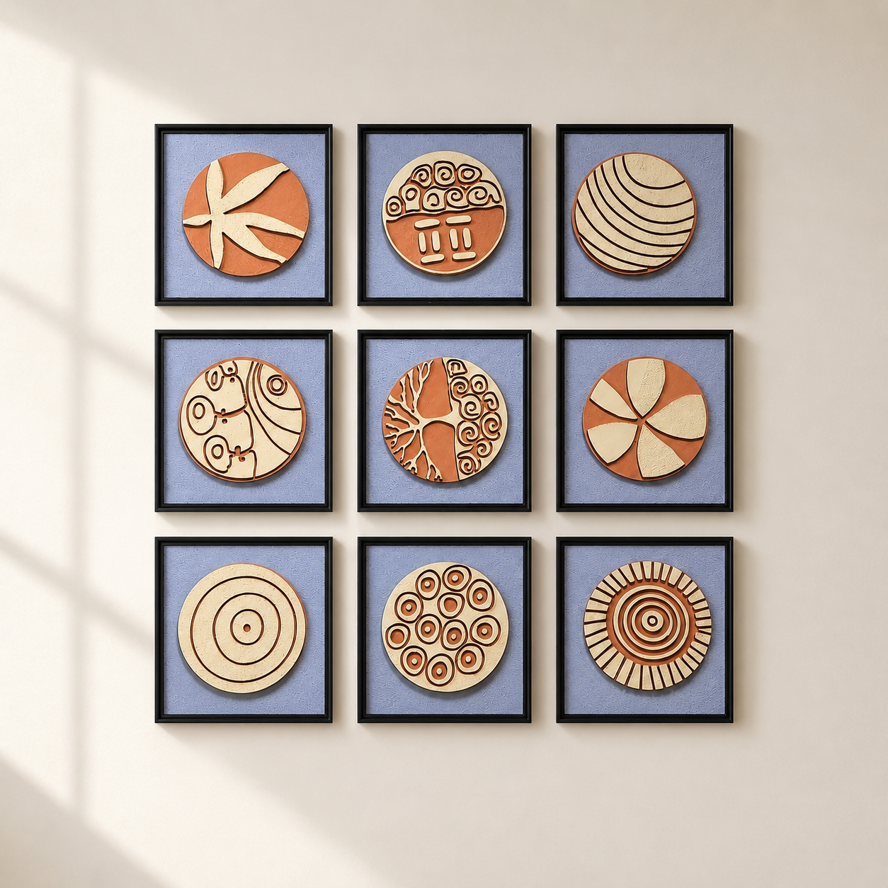Artshub Terra Disc 9-panel handcrafted 3D ceramic disc framed wall art set displayed in a 3x3 grid on a cream panelled wall above a luxury platform bed with walnut headboard, white linen bedding, table lamps and large plant – timeless texture curated elegance