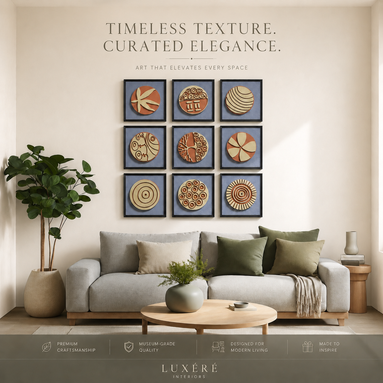 Artshub Terra Disc – Timeless Texture Curated Elegance lifestyle banner – 9-panel handcrafted 3D ceramic disc framed wall art set displayed in a 3x3 grid on a cream wall in a bright living room with grey sofa, green cushions, round coffee table and large plant – Premium Craftsmanship, Museum-Grade Quality, Designed for Modern Living, Made to Inspire