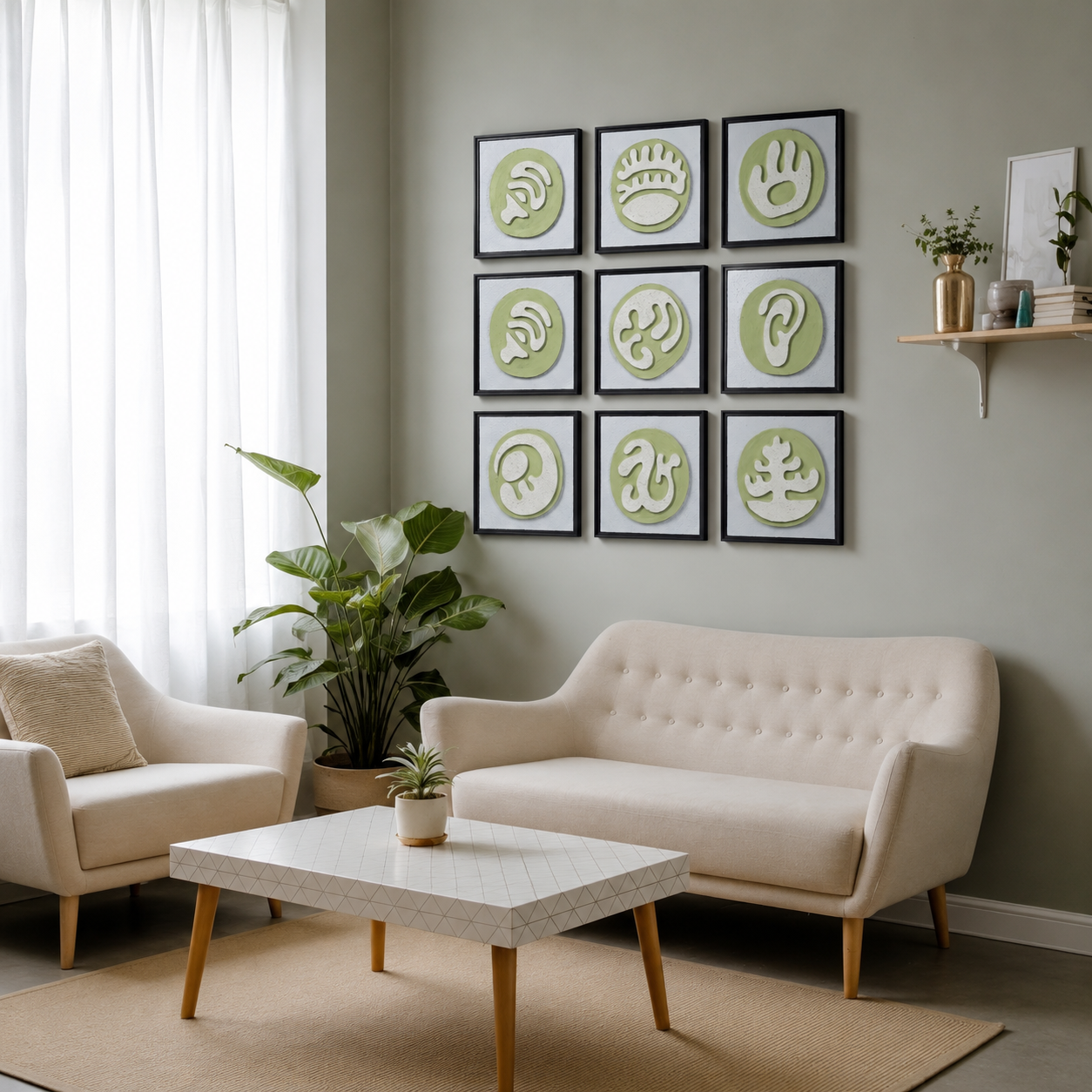 Artshub Sageform 9-panel handcrafted 3D organic form framed wall art set displayed in a 3x3 grid on a sage green wall in a serene living room with cream tufted sofa, cream armchair, white mosaic coffee table with small plant, large tropical plant and sheer white curtains – nature reimagined nine icons endless harmony