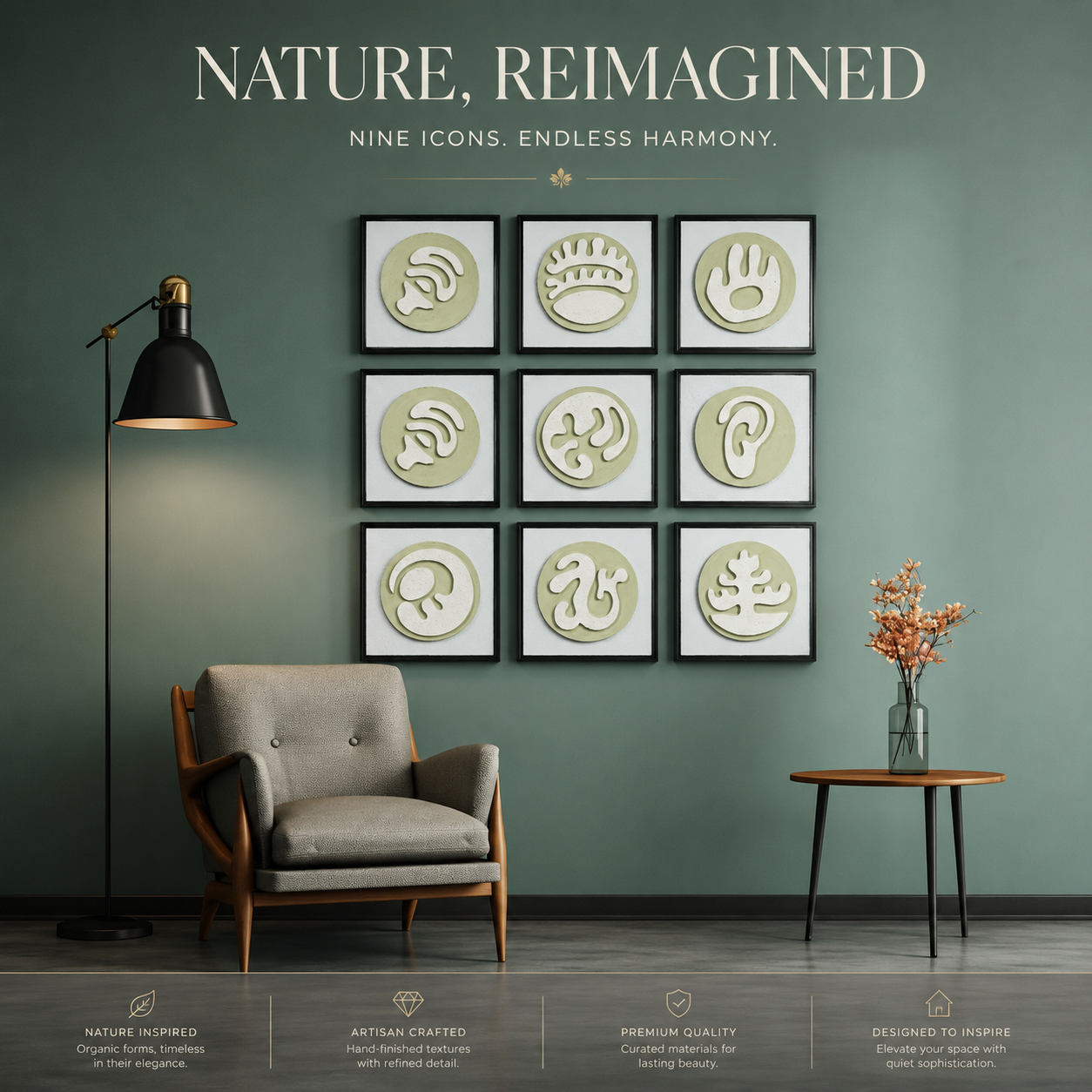 Artshub Sageform – Nature Reimagined Nine Icons Endless Harmony editorial banner – 9-panel 3D organic form wall art on deep sage green wall with mid-century armchair, black floor lamp, round wooden side table with dried flowers – Nature Inspired, Artisan Crafted, Premium Quality, Designed to Inspire