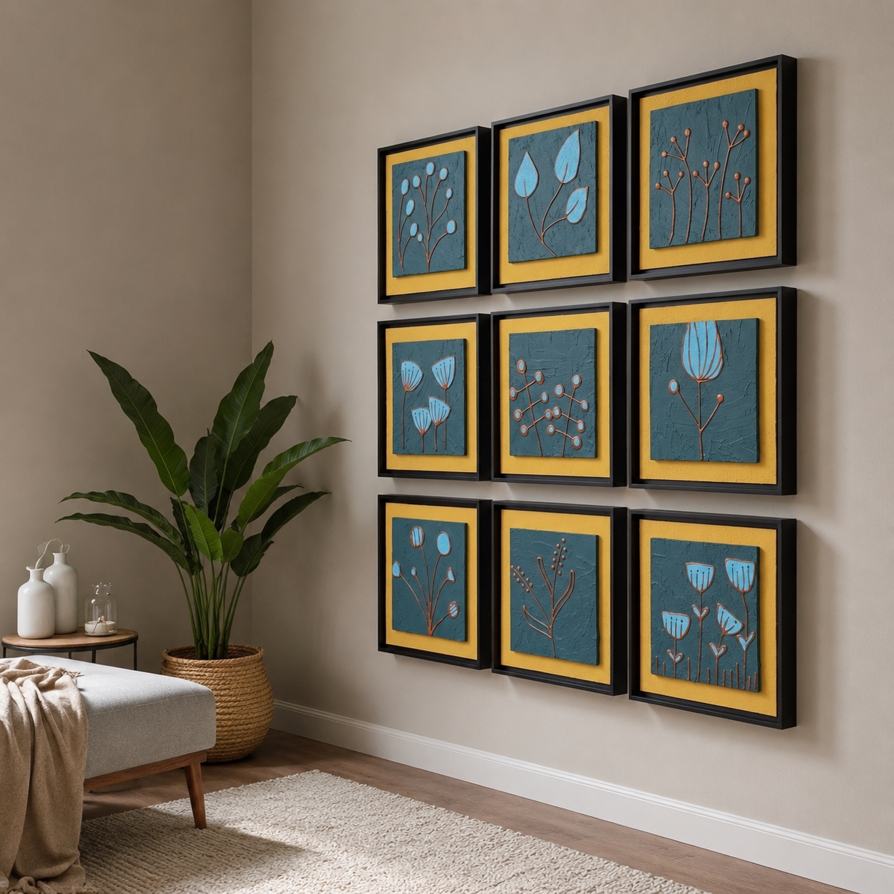 Artshub Botanica Teal 9-panel handcrafted 3D botanical relief framed wall art set displayed in a 3x3 grid on a warm taupe corner wall in a hallway with white upholstered bench, large tropical plant in wicker basket and white ceramic vases – nine unique botanical motifs in sky blue and copper-rust on deep teal textured surface in golden amber backing and premium black frames