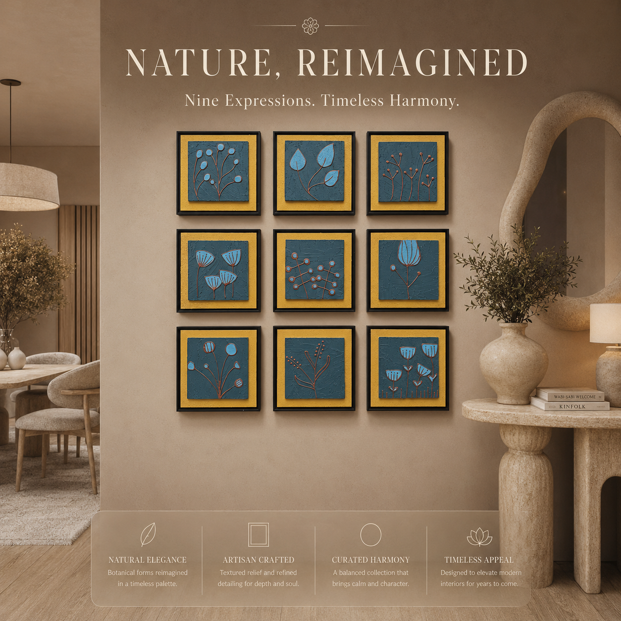 Artshub Botanica Teal 9-panel handcrafted 3D botanical relief framed wall art set displayed in a 3x3 grid on a warm taupe wall in a bright living room with grey daybed sofa with peach cushion, round black side table with white ceramic vases and large tropical plant in wicker basket – nature reimagined nine expressions timeless harmony