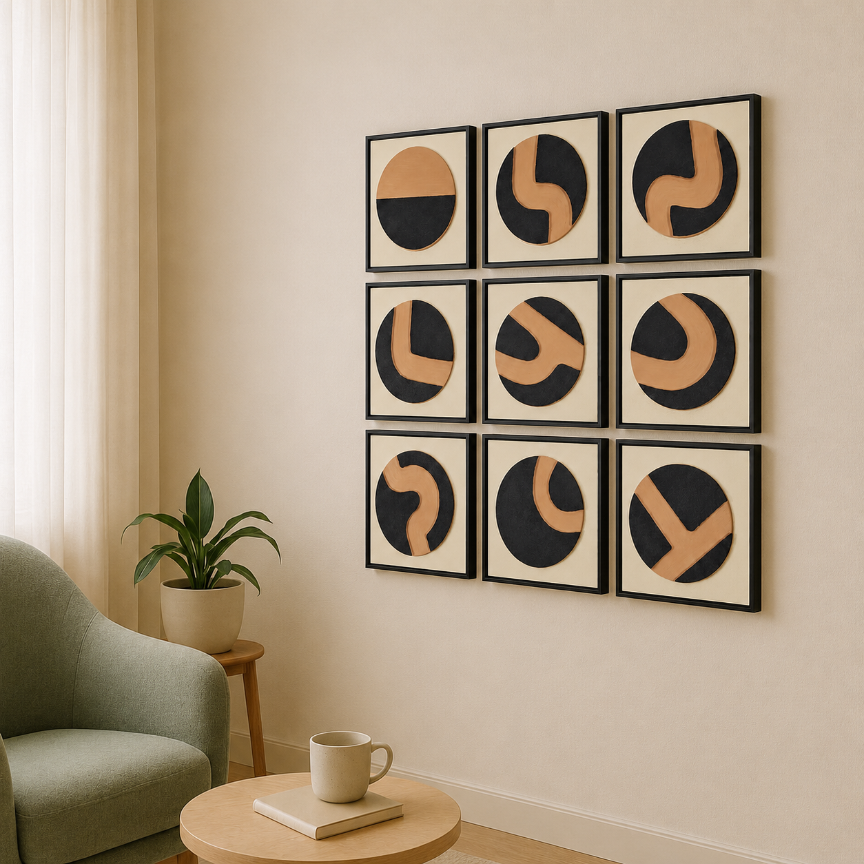 Artshub Duality Circles 9-panel handcrafted 3D sculptural circle framed wall art set displayed in a 3x3 grid on a cream wall in a serene living room with sage green armchair, round wooden coffee table with coffee mug and book, and green plant – nine unique circle motifs in warm caramel tan and deep charcoal black on cream textured backing in premium black frames