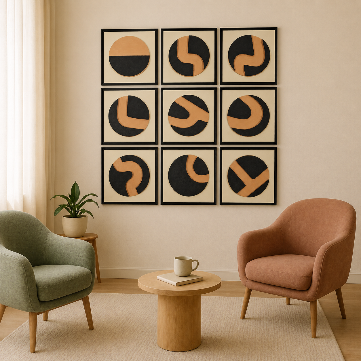 Artshub Duality Circles 9-panel handcrafted 3D sculptural circle framed wall art set displayed in a 3x3 grid on a cream wall in a bright living room with sage green armchair, terracotta armchair, round wooden coffee table with coffee mug and book, and green plant – timeless elegance handcrafted wall art elevate your space