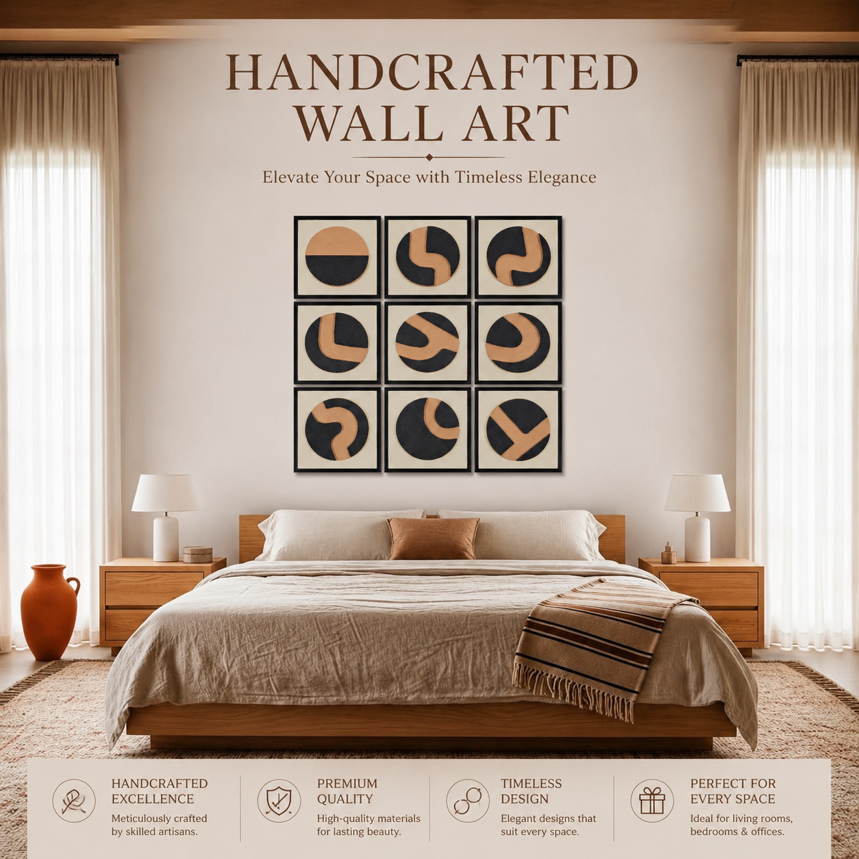 Artshub Duality Circles – Handcrafted Wall Art Elevate Your Space with Timeless Elegance lifestyle banner – 9-panel handcrafted 3D sculptural circle framed wall art set displayed in a 3x3 grid on a cream wall above a luxury platform bed with walnut headboard, linen bedding, terracotta vase and white table lamps – Handcrafted Excellence, Premium Quality, Timeless Design, Perfect for Every Space
