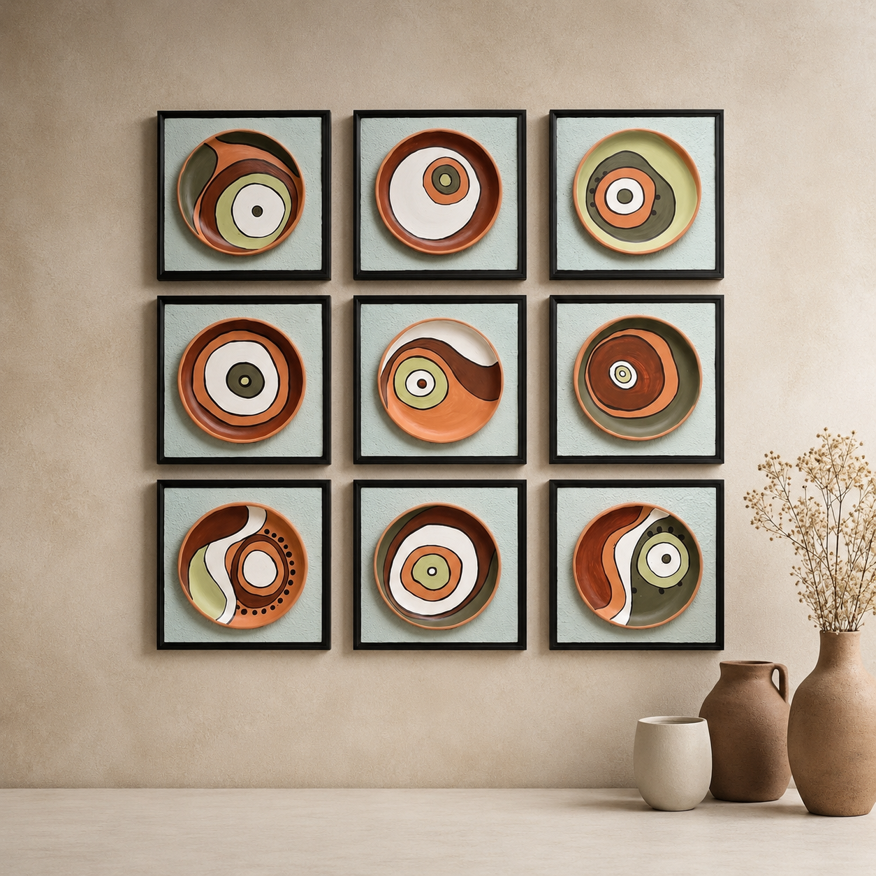 Artshub Terra Orbis 9-panel handcrafted hand-painted ceramic circle framed wall art set in a 3x3 grid on a warm beige textured wall with terracotta jug, cream mug and dried flower arrangement – nine unique ceramic circle motifs in terracotta, olive green, dark brown, cream white and sage on pale mint textured natural base in premium black frames
