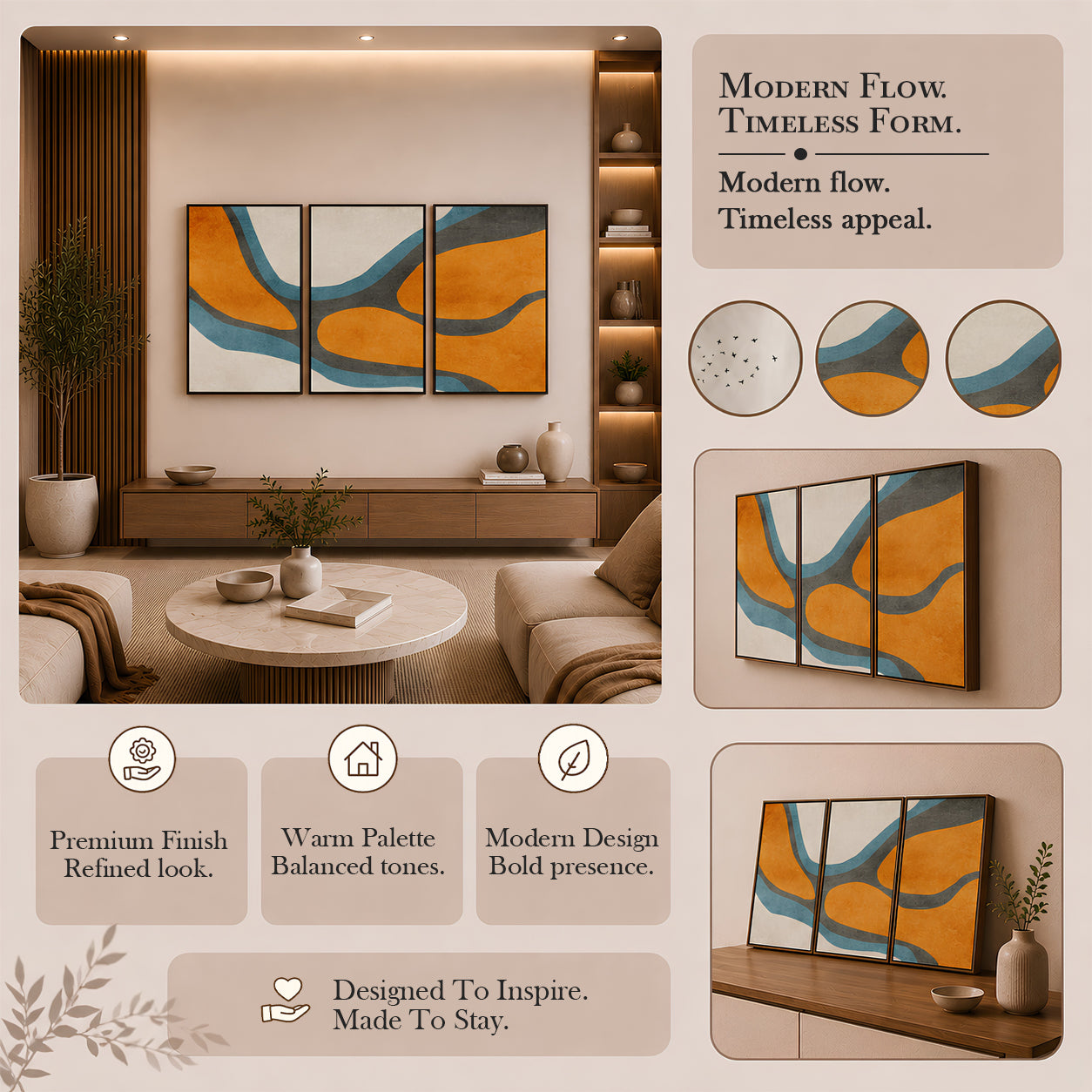 Artshub Timeless Curves – Abstract Triptych Wall Art Set of 3