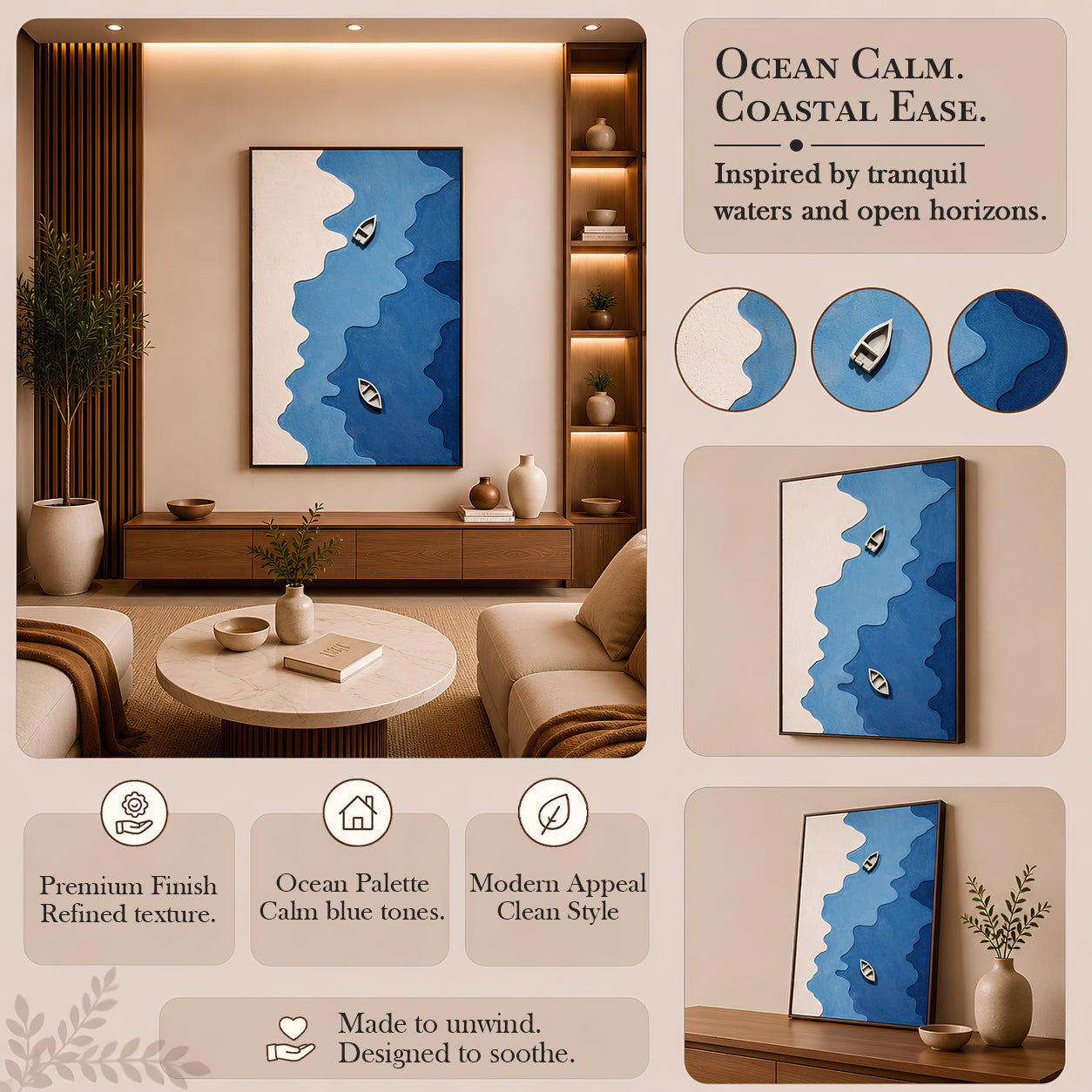 Artshub Ocean Drift – Coastal Blue Boats Vertical Canvas Wall Art