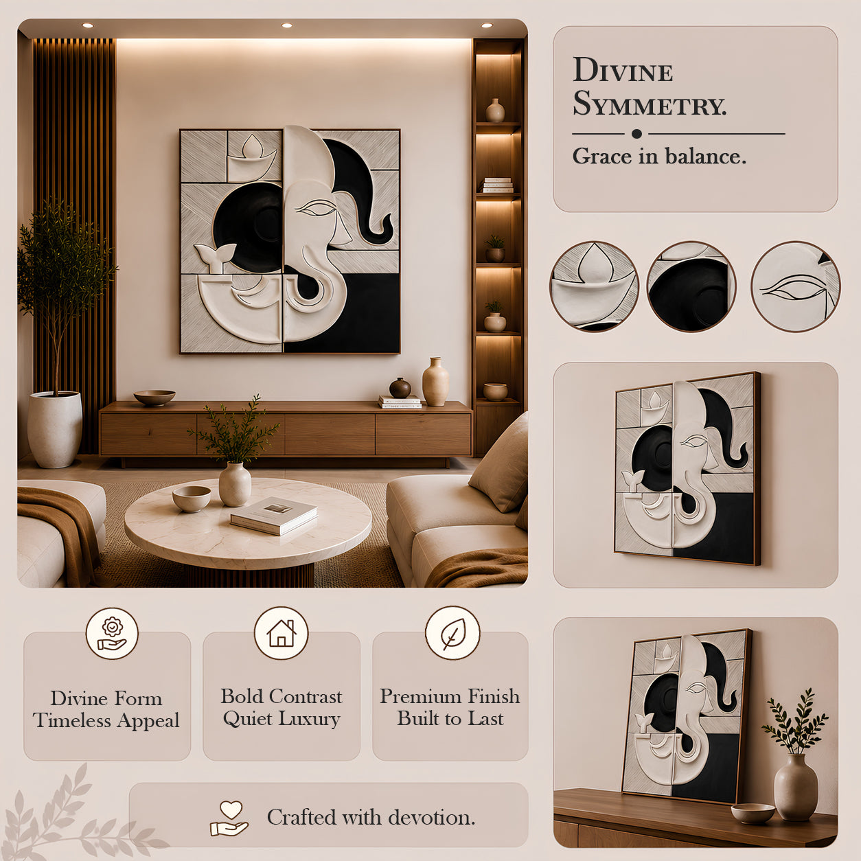 Artshub Divine Symmetry – Ganesha Monochrome Triptych Canvas Wall Art Set of 4