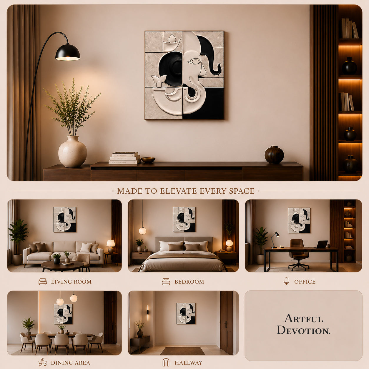 Artshub Divine Symmetry – Ganesha Monochrome Triptych Canvas Wall Art Set of 4