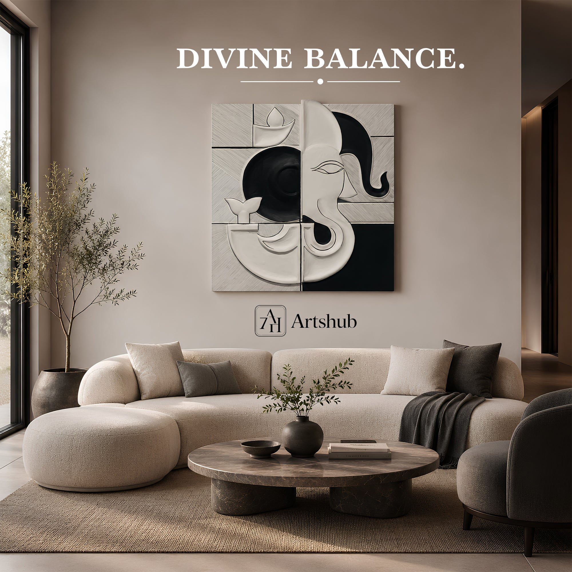Artshub Divine Symmetry – Ganesha Monochrome Triptych Canvas Wall Art Set of 4
