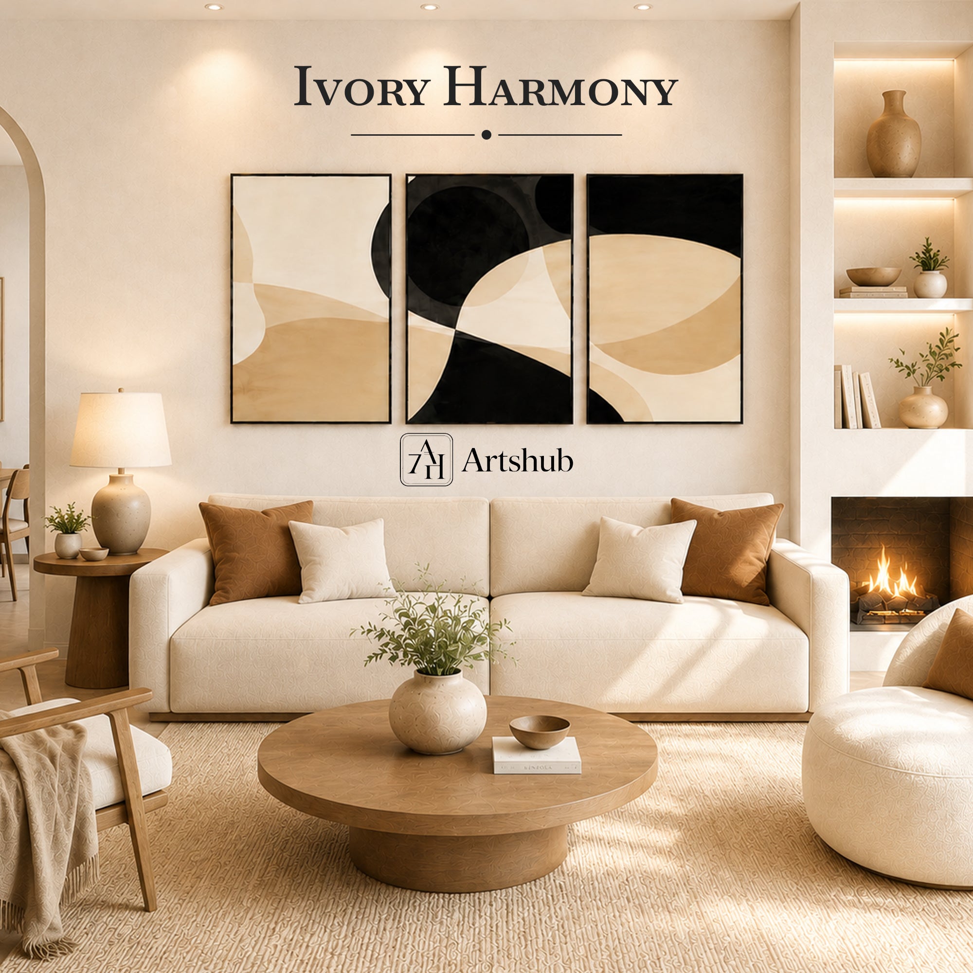 Artshub Ivory Harmony – Minimal Abstract Triptych Wall Art Set of 3