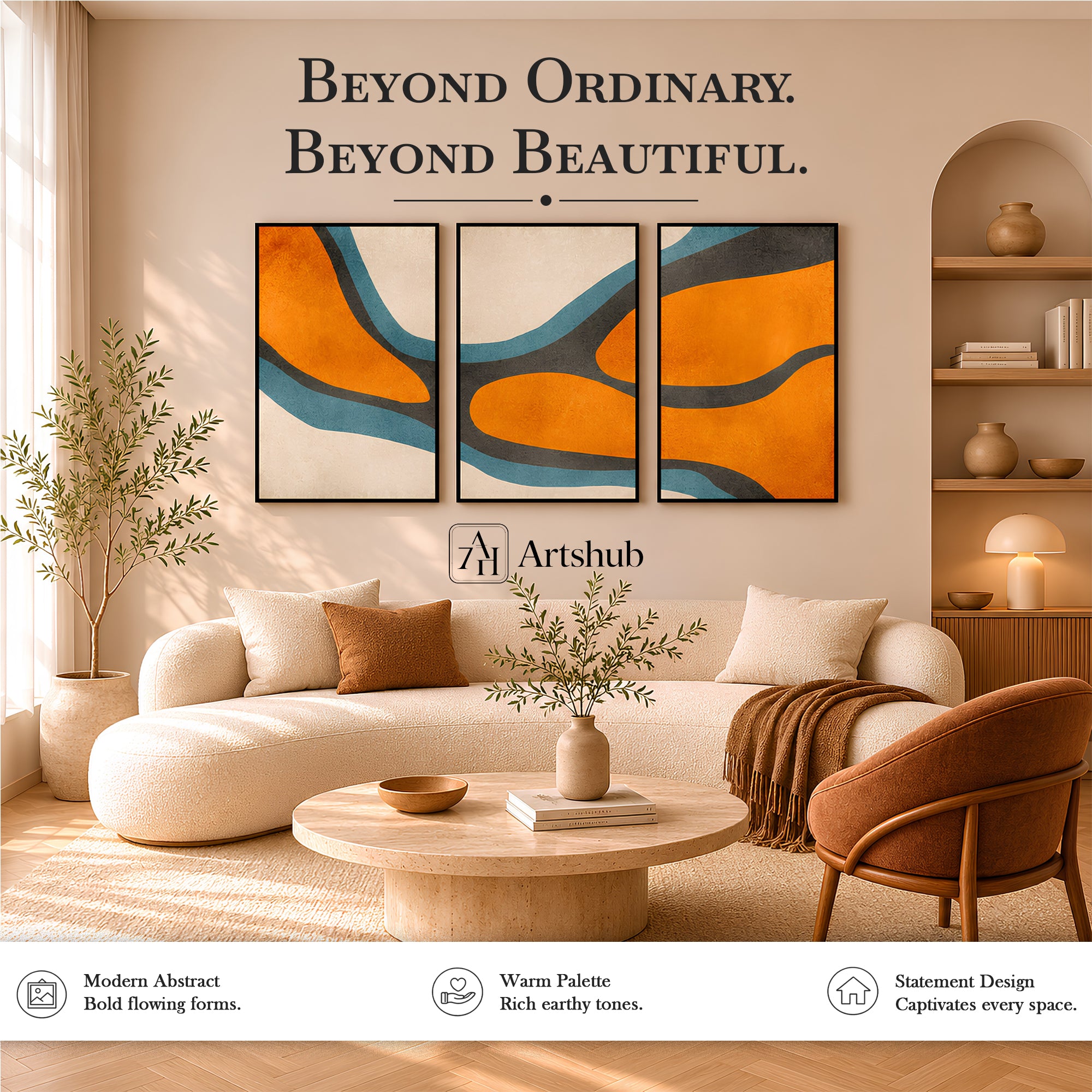 Artshub Timeless Curves – Abstract Triptych Wall Art Set of 3