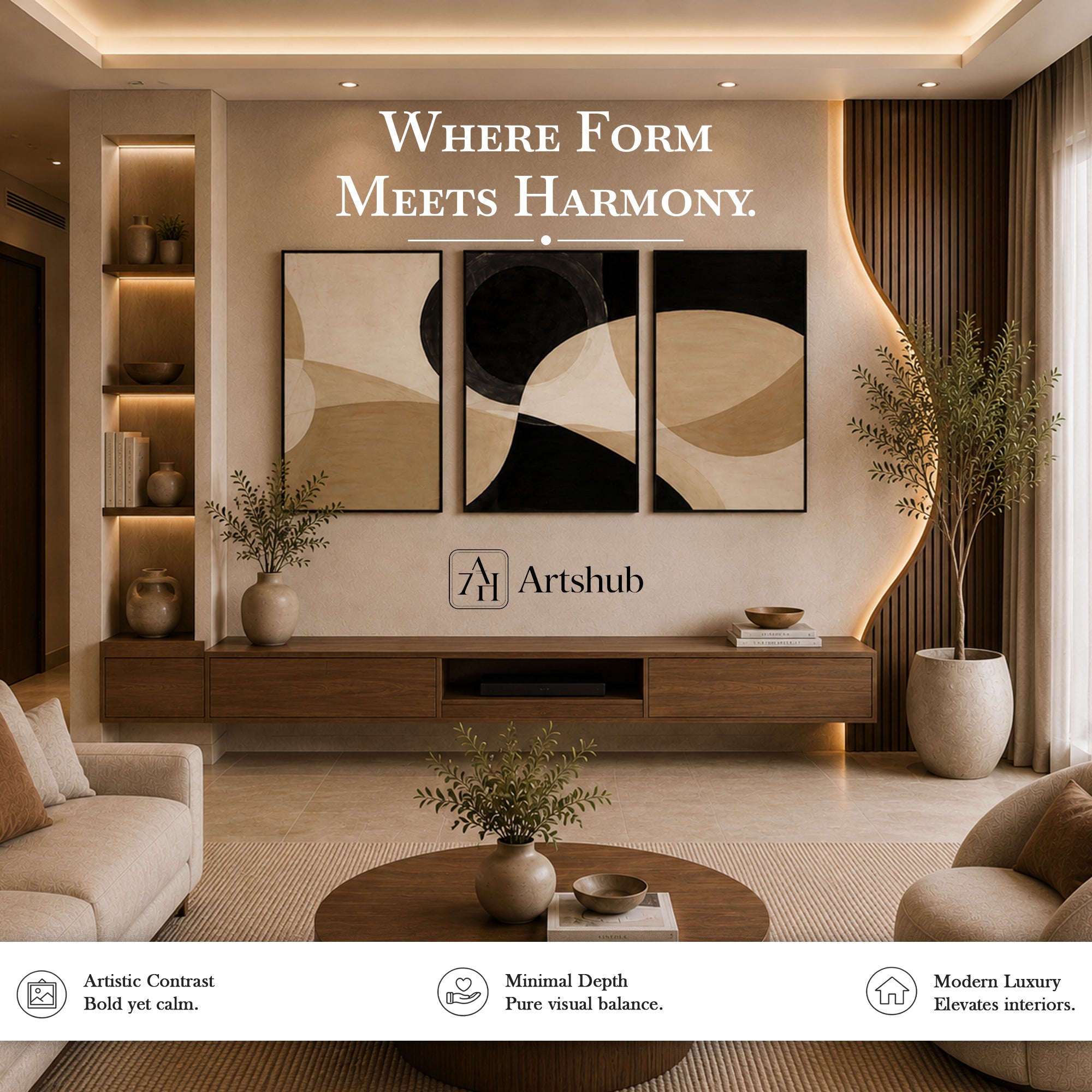 Artshub Ivory Harmony – Minimal Abstract Triptych Wall Art Set of 3