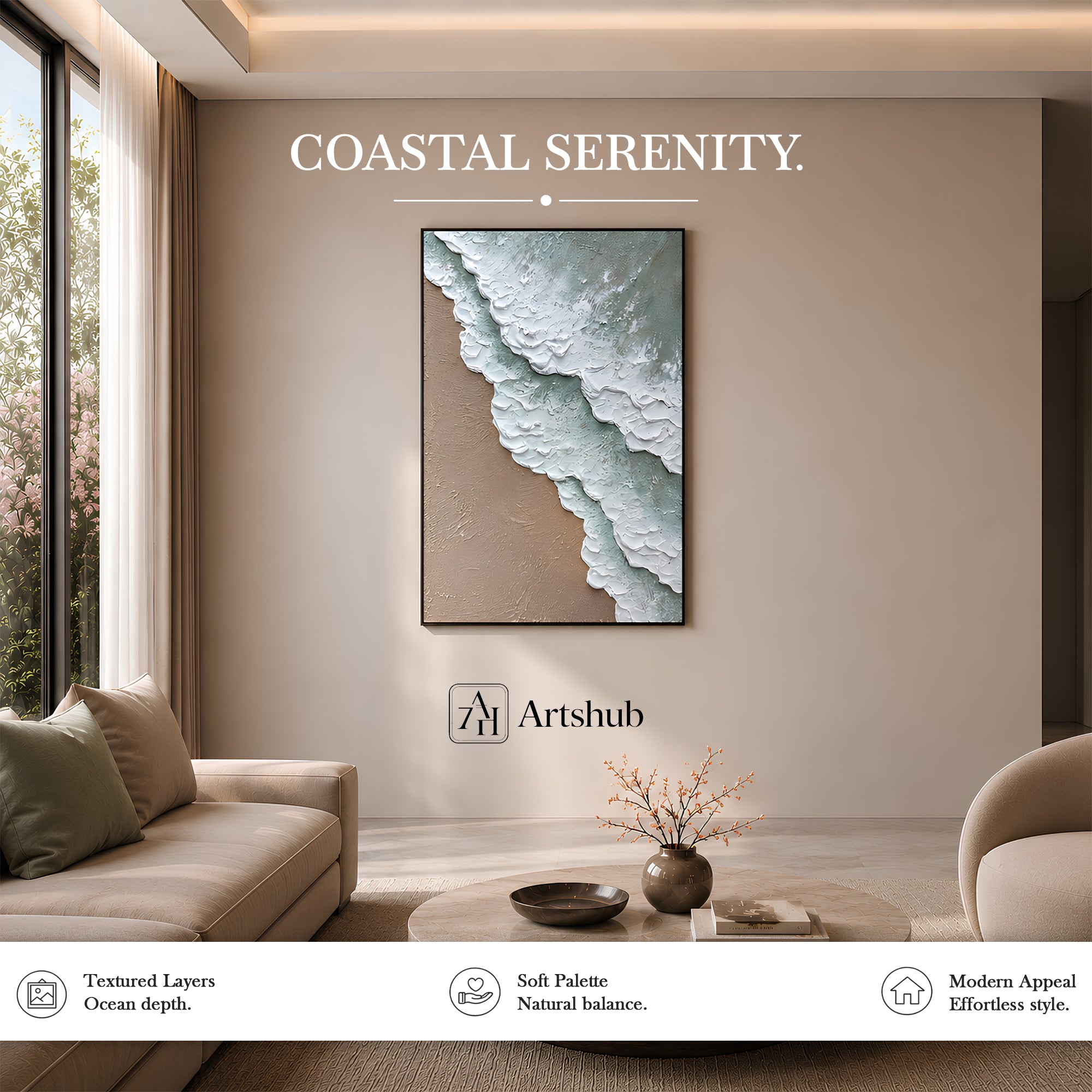 Artshub Shoreline Harmony – Coastal Ocean Wave Textured Canvas Wall Art