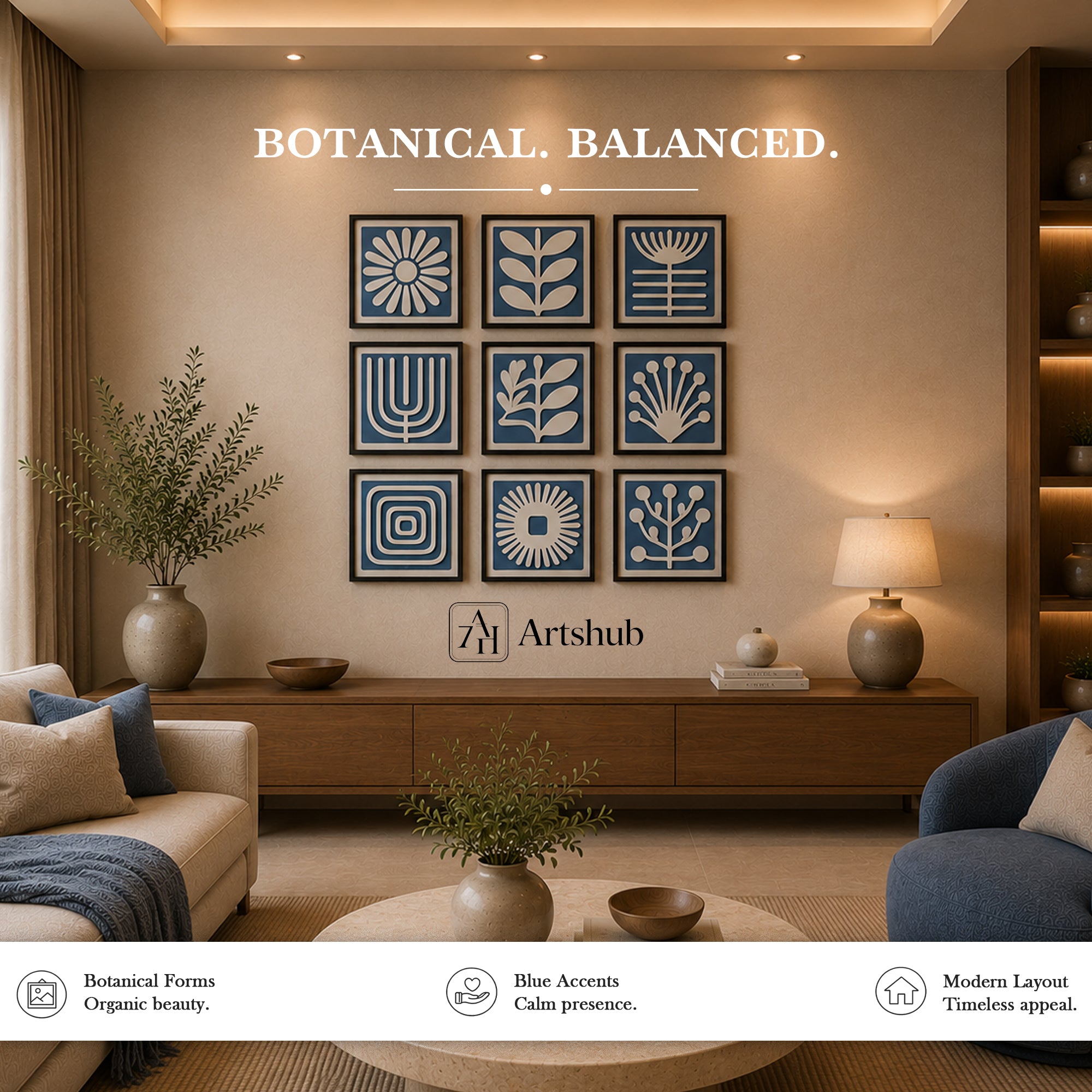 Artshub Botanical Balance – Blue Botanical 9-Panel Gallery Wall Art Set