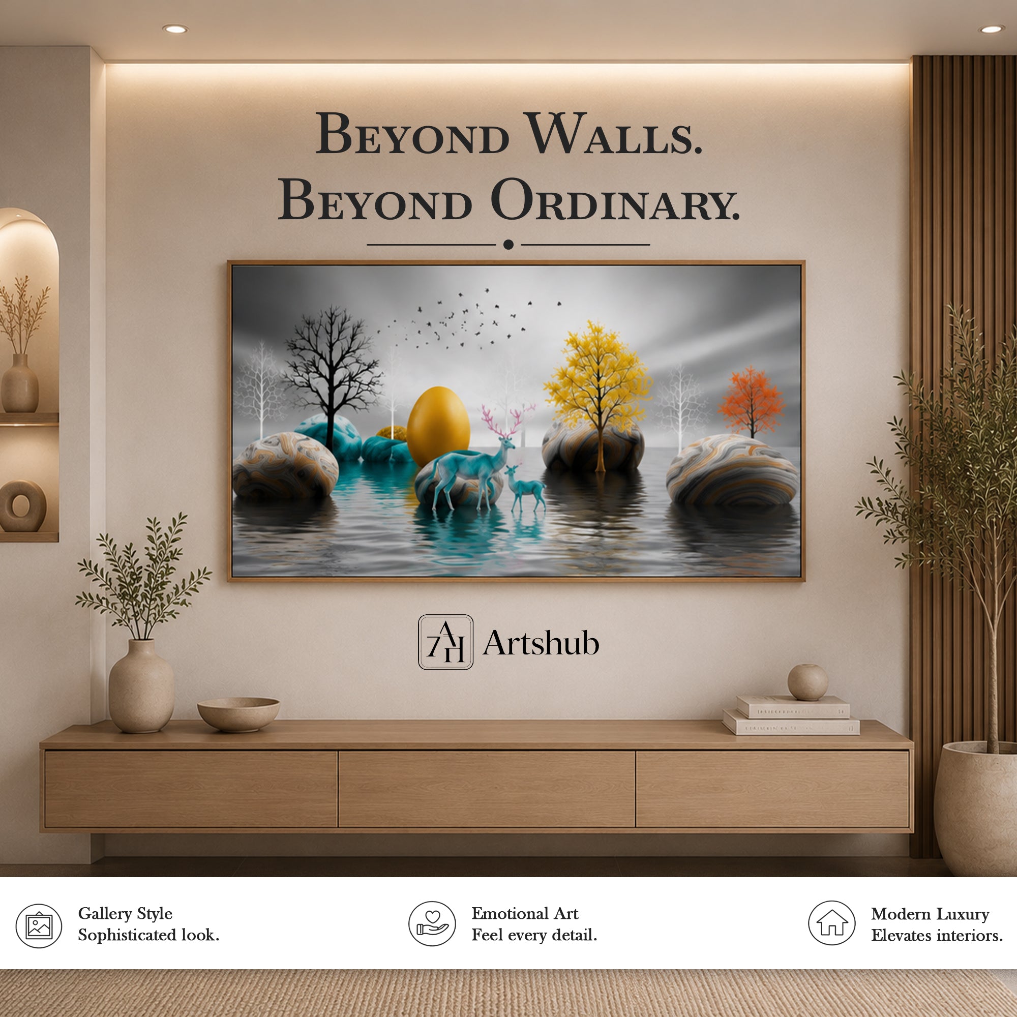 Mystic Waters by Artshub | Premium Framed Nature & Deer Landscape Wall Art
