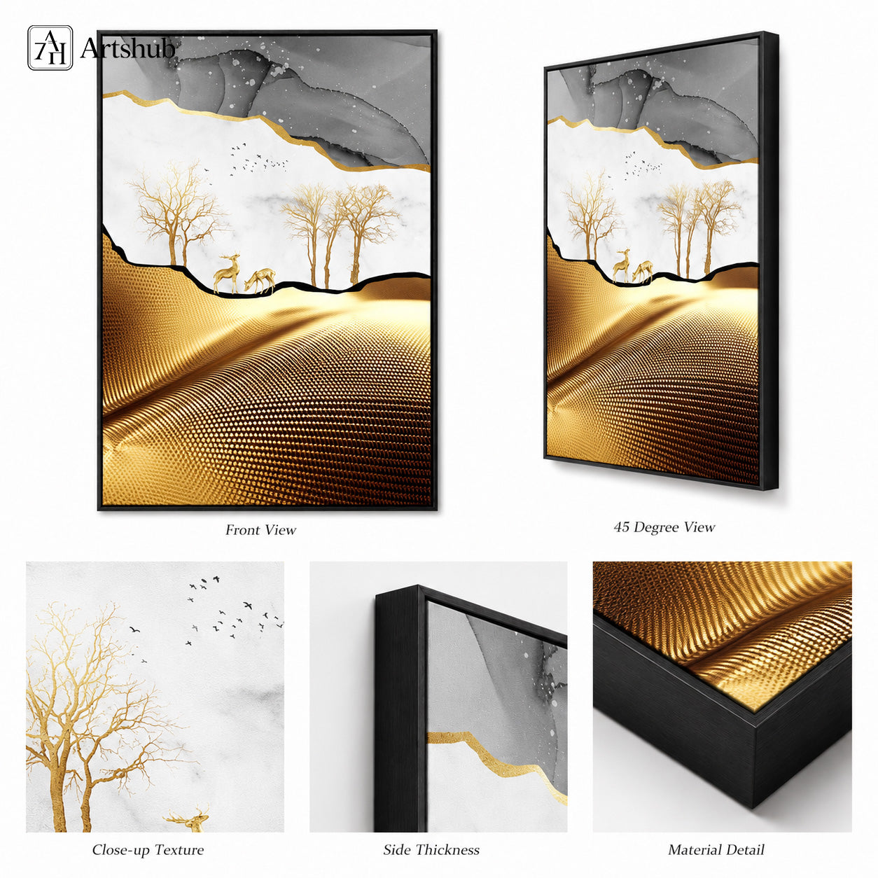 Artshub Golden Harmony Marble Deer Tree framed canvas product detail sheet — front view 45 degree close-up texture side thickness material detail gold halftone grey marble matte black frame