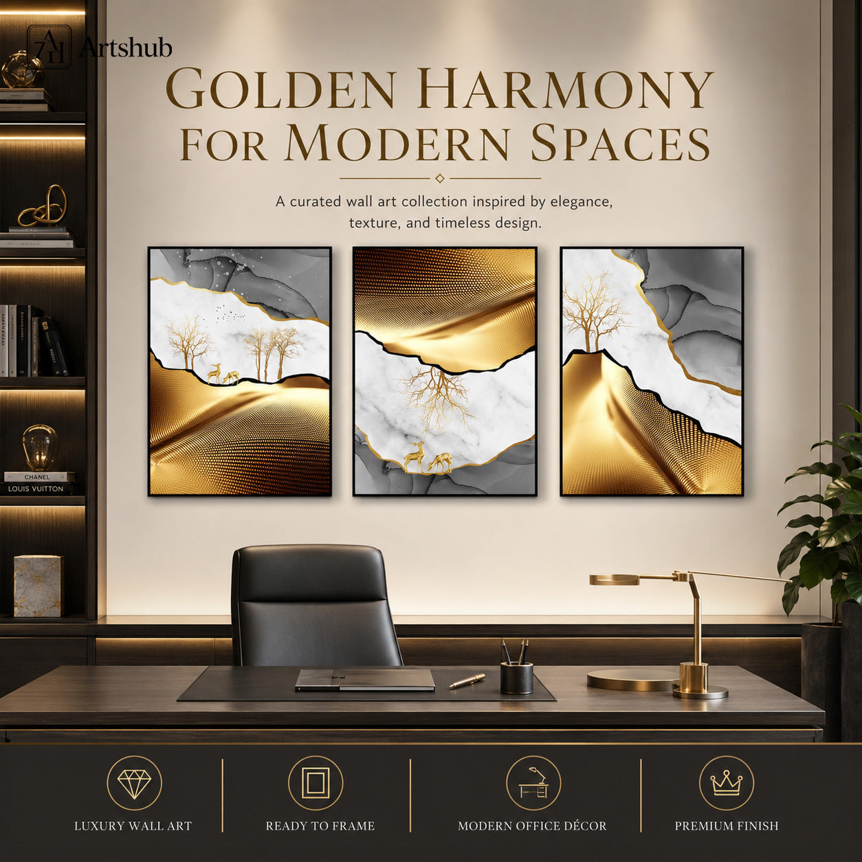 Artshub Golden Harmony Marble Deer Tree triptych 3 panel framed canvas wall art editorial banner — Golden Harmony for Modern Spaces luxury home office dark desk gold lamp bookshelf