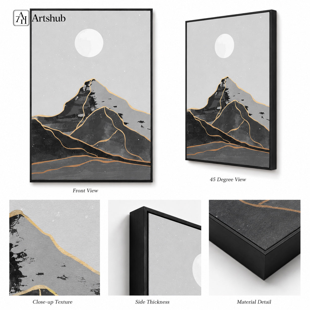 Artshub Moonlit Mountain Gold Line framed canvas product detail sheet — front view 45 degree close-up texture side thickness material detail charcoal grey gold moon matte black frame